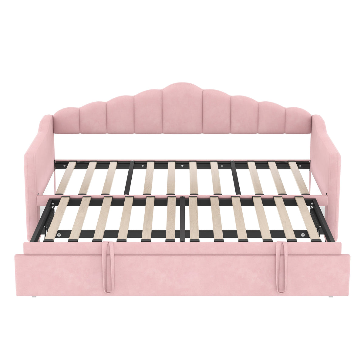 Roomfitters Upholstered Twin Size Daybed with Adjustable Pop-Up Trundle, Sofa Bed with USB & Type-C Ports and Side Pockets, Pink