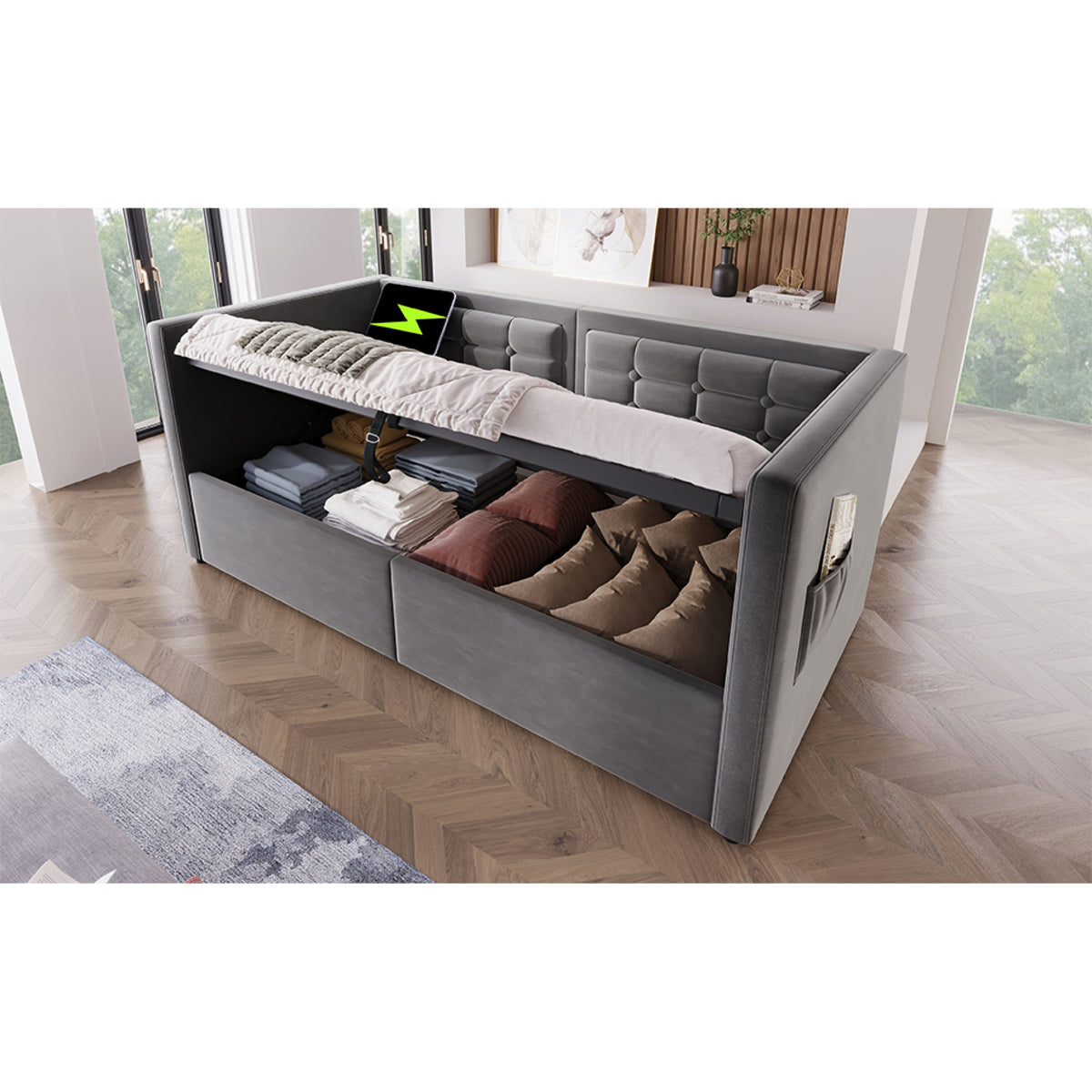 variant-group:rf-n736p303402g|Roomfitters Upholstered Twin Size Daybed with Storage, USB & Type-C Charging, Tufted Sofa Back, Velvet Gray