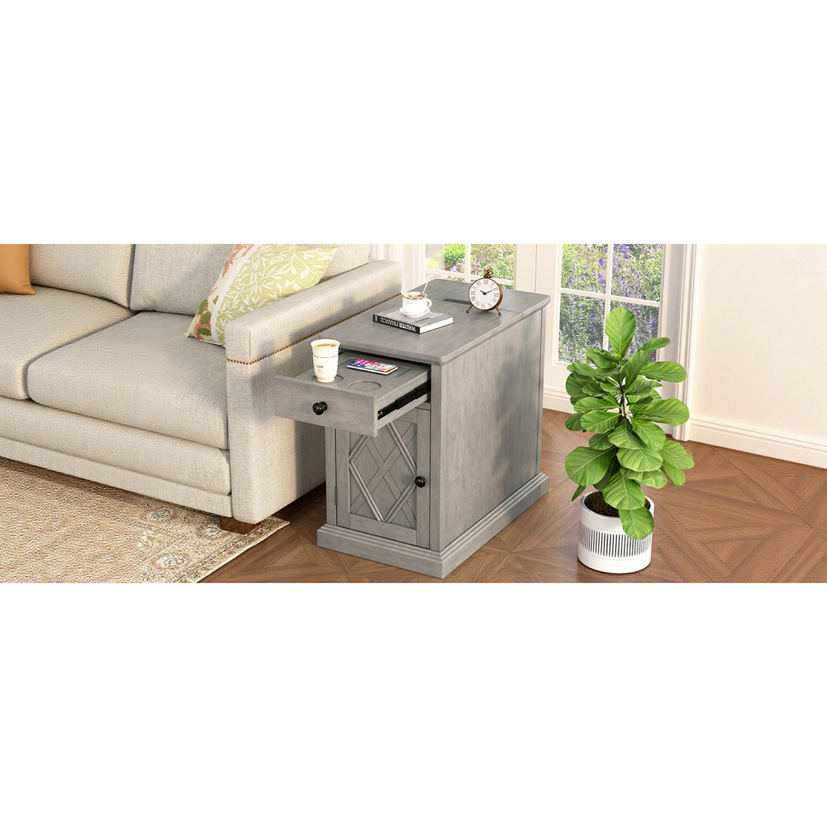 variant-group:rf-n724p353565e|Roomfitters Classic Charging End Table with USB Ports and Storage Drawer, Antique Gray