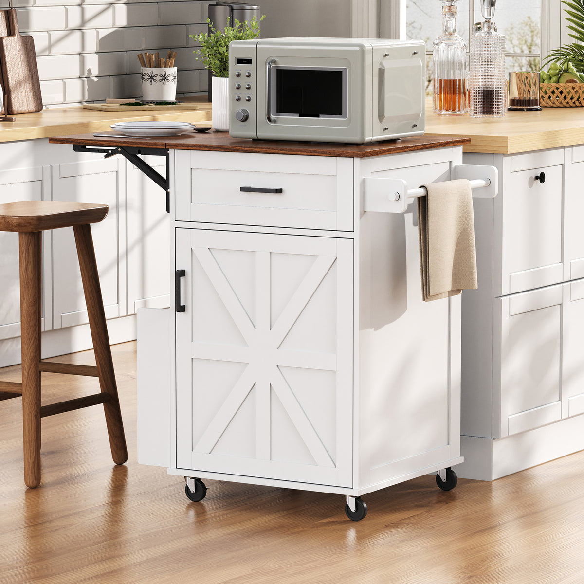variant-group:rf-n707p404539w|Roomfitters 39.3" Kitchen Island with Drop Leaf, Rolling Kitchen Cart with Storage Drawer and Spice Rack, Modern Style, White