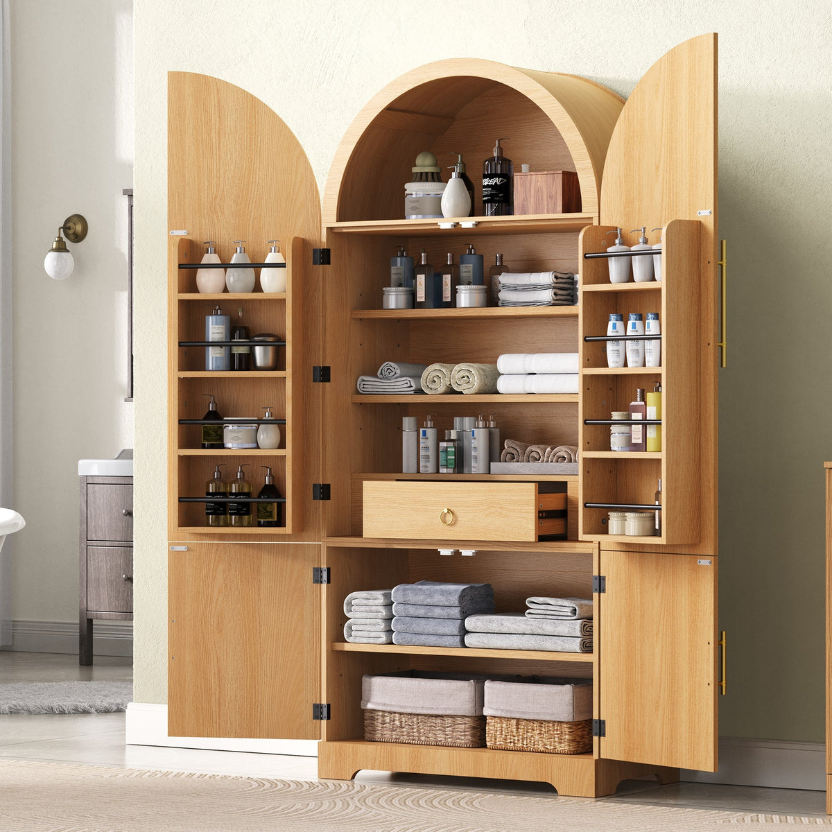variant-group:rf-n707s000020y|Roomfitters 72" Tall Arched Kitchen Pantry Cabinet with Fluted Doors & Hidden Drawer, Natural