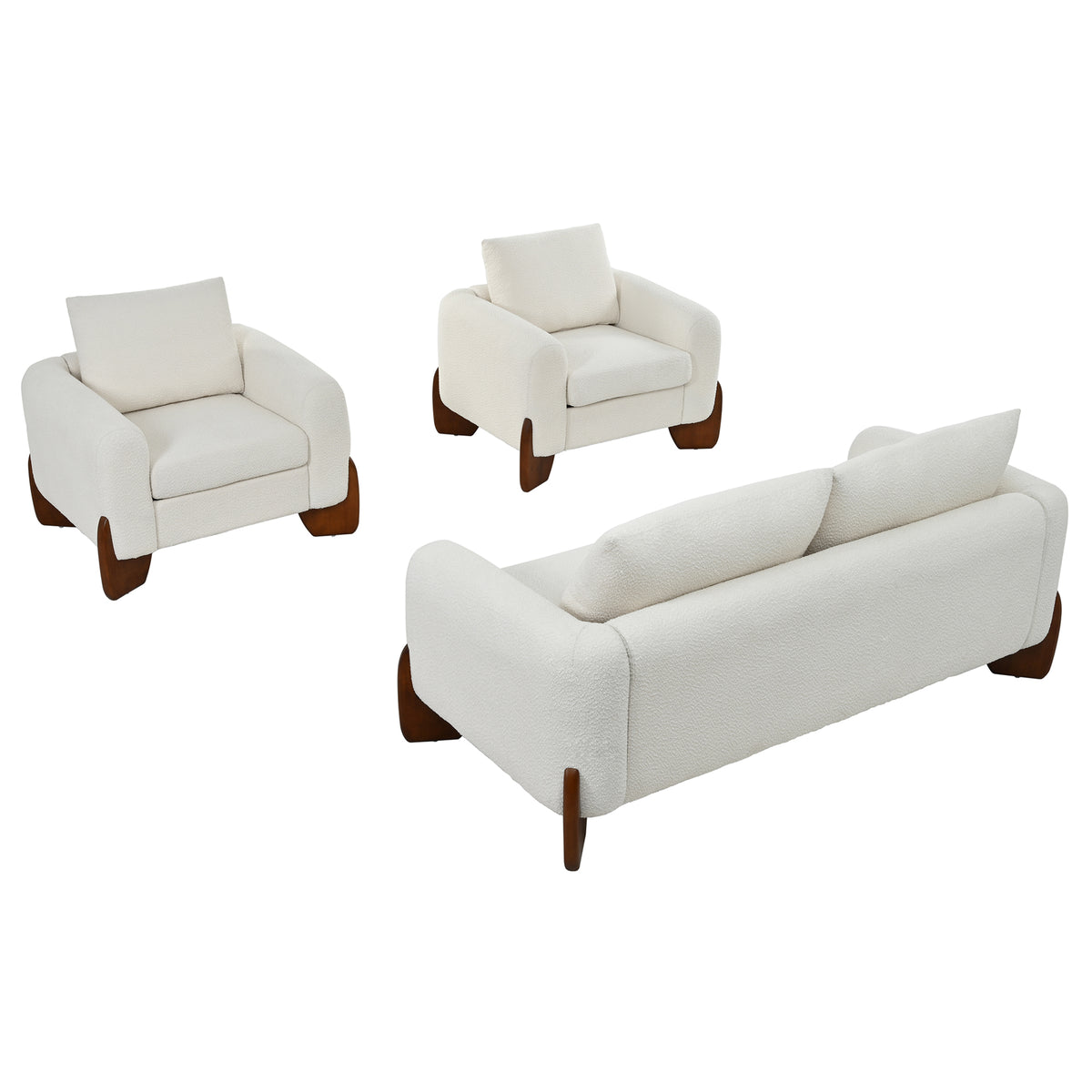 variant-group:rf-n711wy000479aaa|Roomfitters Modern 3-Piece Living Room Sofa Set, Bouclé Fabric Loveseat and 2 Armchairs Pack, Beige Pinewood Lounge