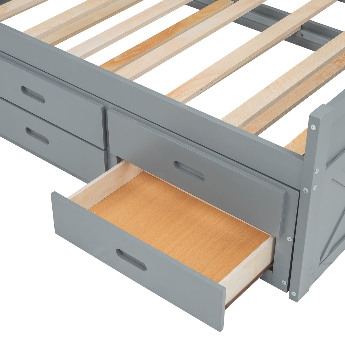 variant-group:rf-n733s172839e|Roomfitters Twin Size Wooden Bed with Storage Headboard, Convenient Outlets, Extendable Frame with Twin Trundle and Ample Storage, Gray