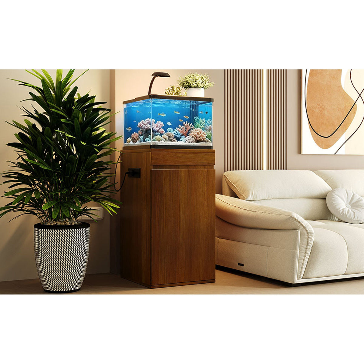 Roomfitters 10-15 Gallon Small Fish Tank Stand with Storage Cabinet and Side Power Outlets Walnut Brown Roomfitters
