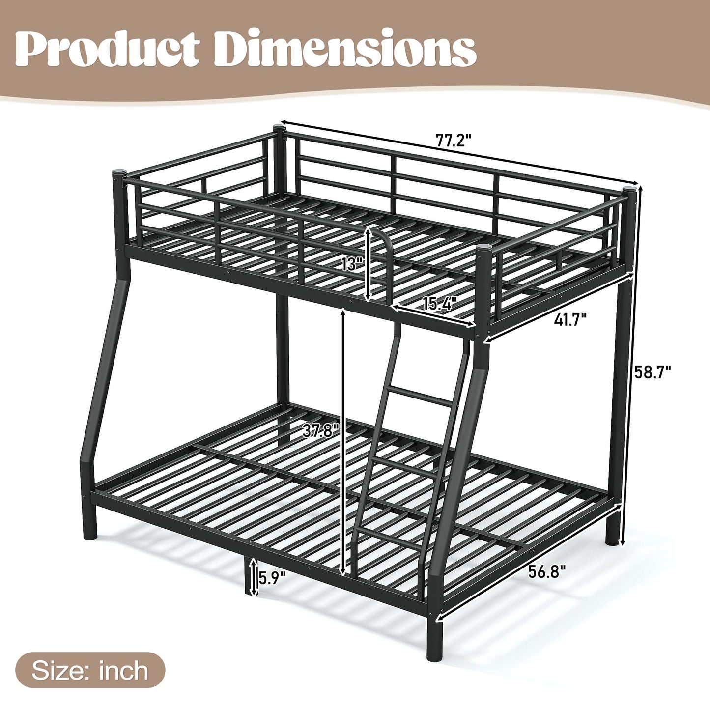 Roomfitters Twin over Full Bunk Bed Frame for Teens Adults, Heavy Duty Metal Round Tube Noise Free No Box Spring, Black
