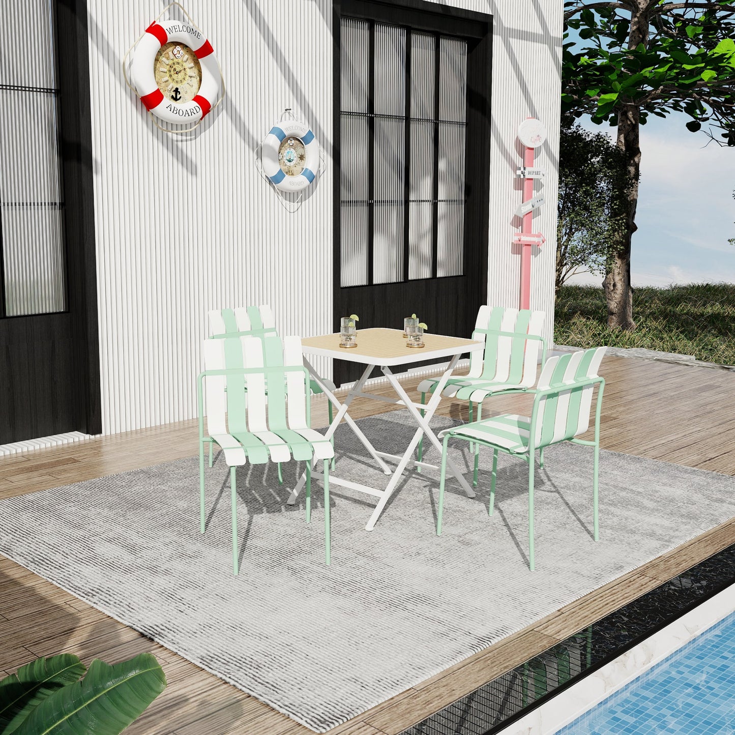 Summer- 4-Pack Modern Striped Color Block Chairs - Waterproof PP Seat & Sturdy Metal Legs, Indoor/Outdoor Dining Set for Patio, Balcony, Café (White & Green) Roomfitters
