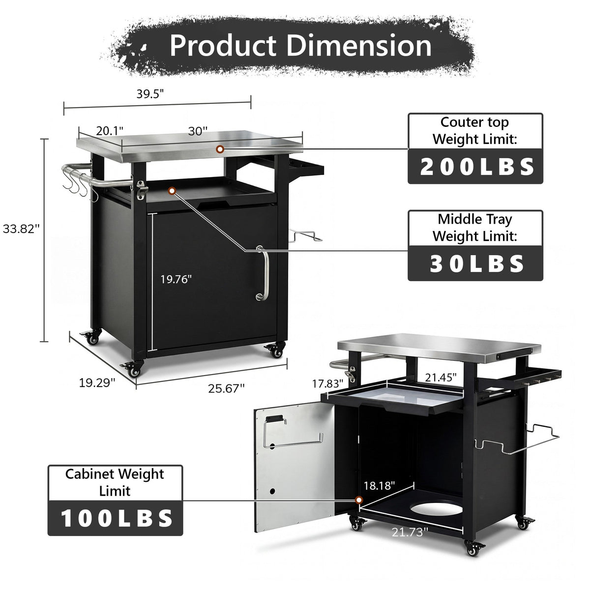 Roomfitters 39.5" Grill Cart with Stainless Steel Top, Outdoor Kitchen Island, BBQ Prep Station with Trash Bag Holder, Black