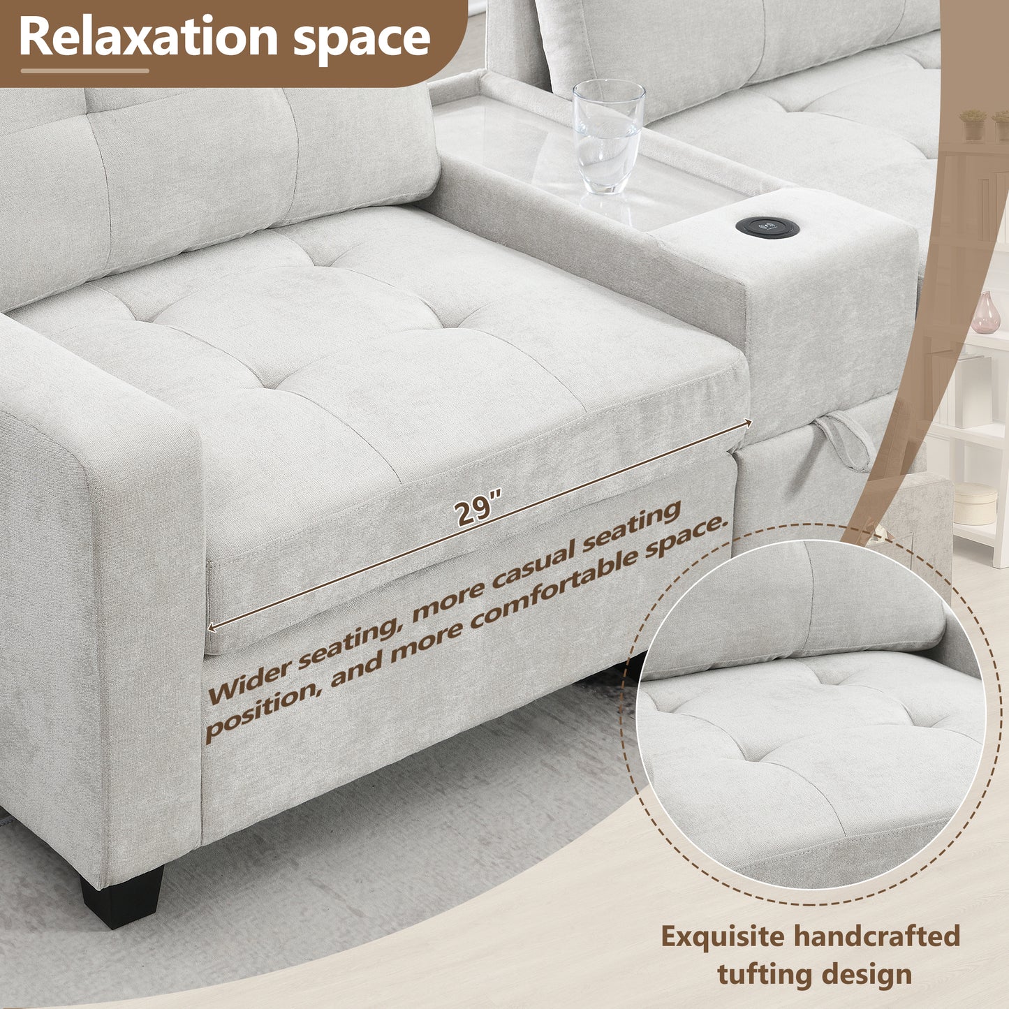 variant-group:rf-n723s1191k|Roomfitters 104 Inch Modular Sectional Sofa with Console and Cup Holders, Upholstered L-Shape Couch for Home Decor, Light Gray