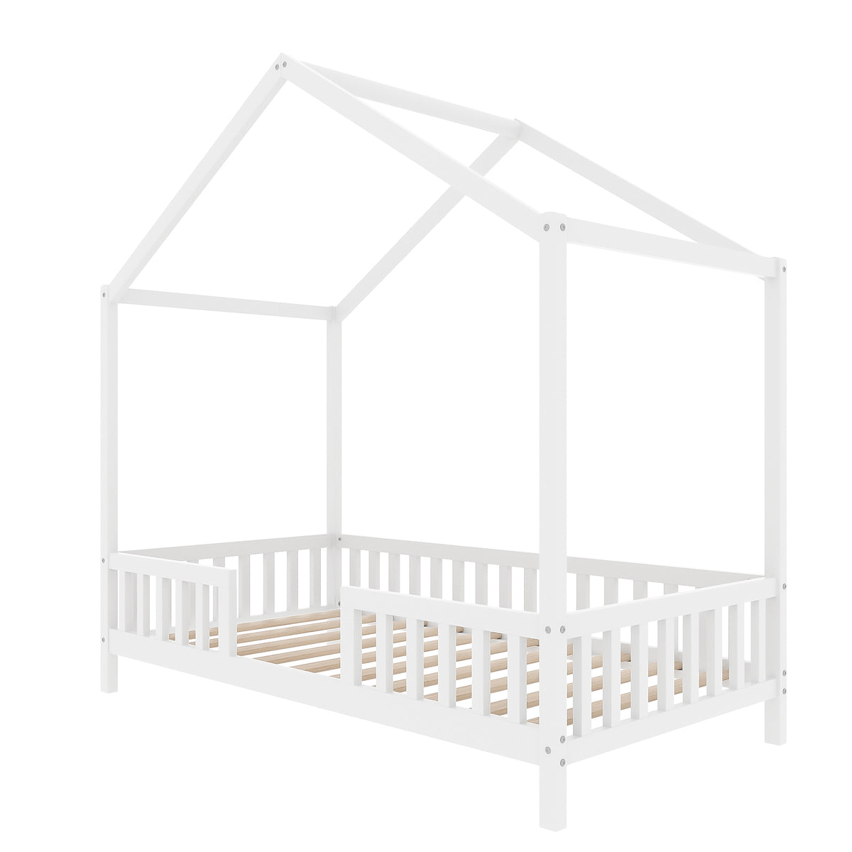 variant-group:rf-n733p356043k|Roomfitters Twin Montessori Floor Bed with Canopy, House Shape Wood Frame with Safety Rails, Youth Platform Bed, White