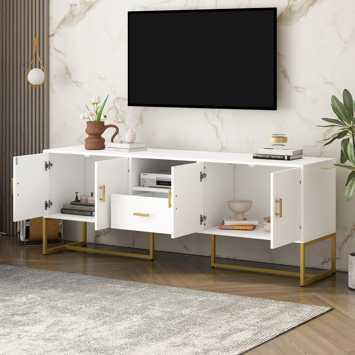 Roomfitters Modern TV Stand for up to 70 Inch TV, Media Cabinet with Drawer, Metal Legs and Safety Features, White Roomfitters