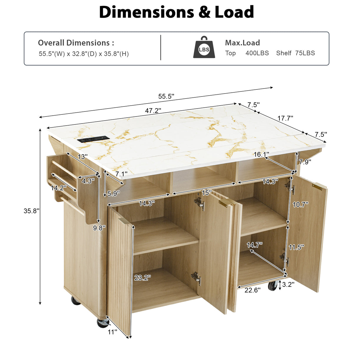 variant-group:rf-n707p353934y|Roomfitters 55.5" Fluted Kitchen Island with Double Drop Leaf, Natural Storage Cart with Power Outlet & Faux Marble Top