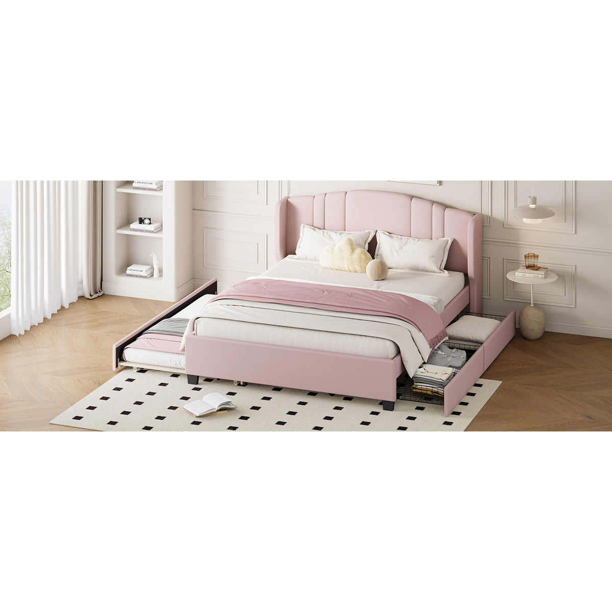 variant-group:rf-n733s208132h|Roomfitters Twin Size Trundle Upholstered Platform Bed with Wingback Headboard and 2 Drawers, No Box Spring Needed, Linen Fabric, Queen Size, Pink
