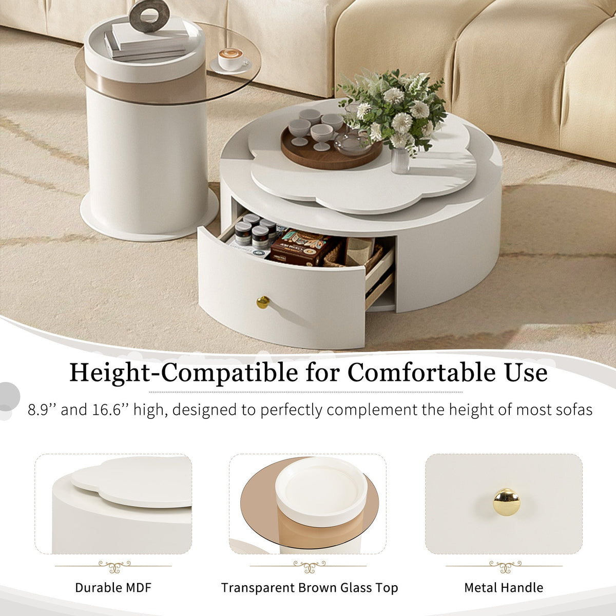 Roomfitters Rotatable Round Coffee Table Set of 2 with Flower-Shaped Top and Glass End Table, Off White Roomfitters