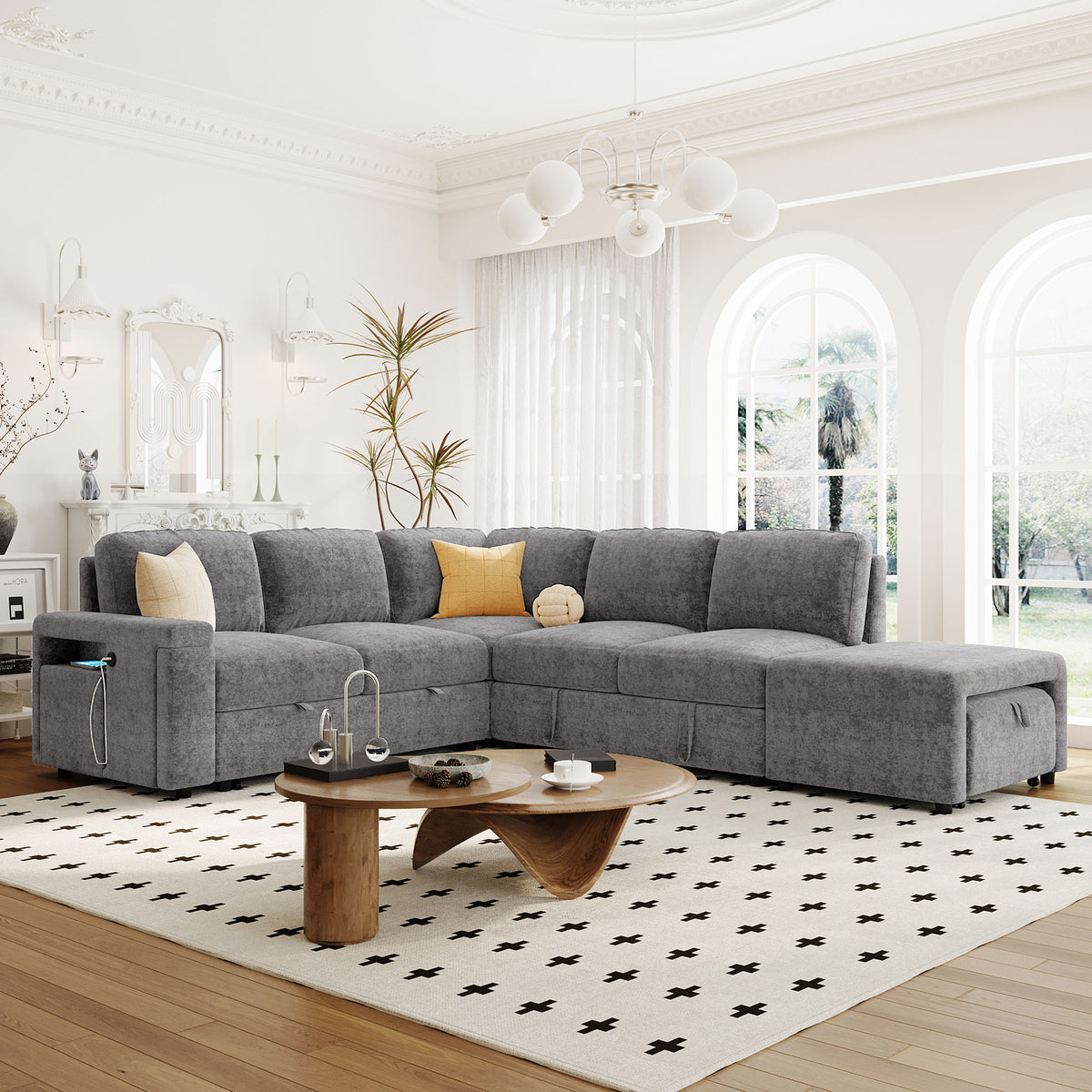 variant-group:rf-n711wy000390aae|Roomfitters L-Shaped Padded Modular Sofa with Storage Space, USB Ports, and Cup Holders on the Armrests, Suitable for Living Rooms, Offices, and Apartments, Gray