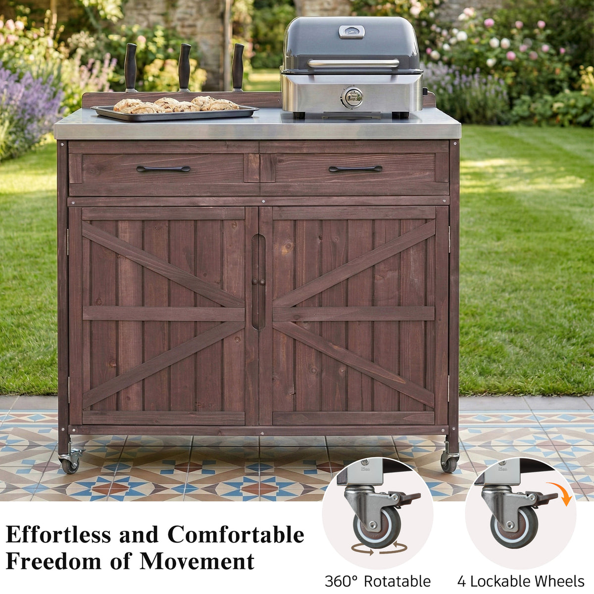 variant-group:rf-n707p370273z|Roomfitters 39.4" Grill Cart, Outdoor Kitchen Island with Stainless Steel Top, BBQ Prep Station with Storage Cabinet, Brown