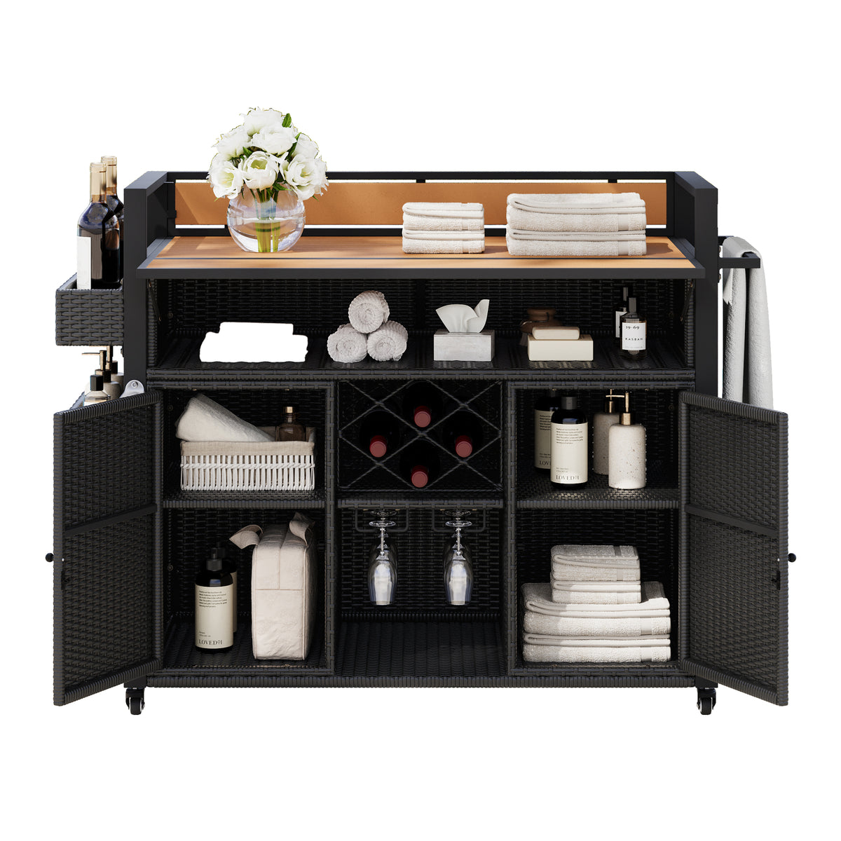 variant-group:rf-n707p233747b|Roomfitters 52.8" Wicker Outdoor Grill Cart with Plastic Wood Table, Rolling Island with Storage Cabinet, Double Handles, Black Brown