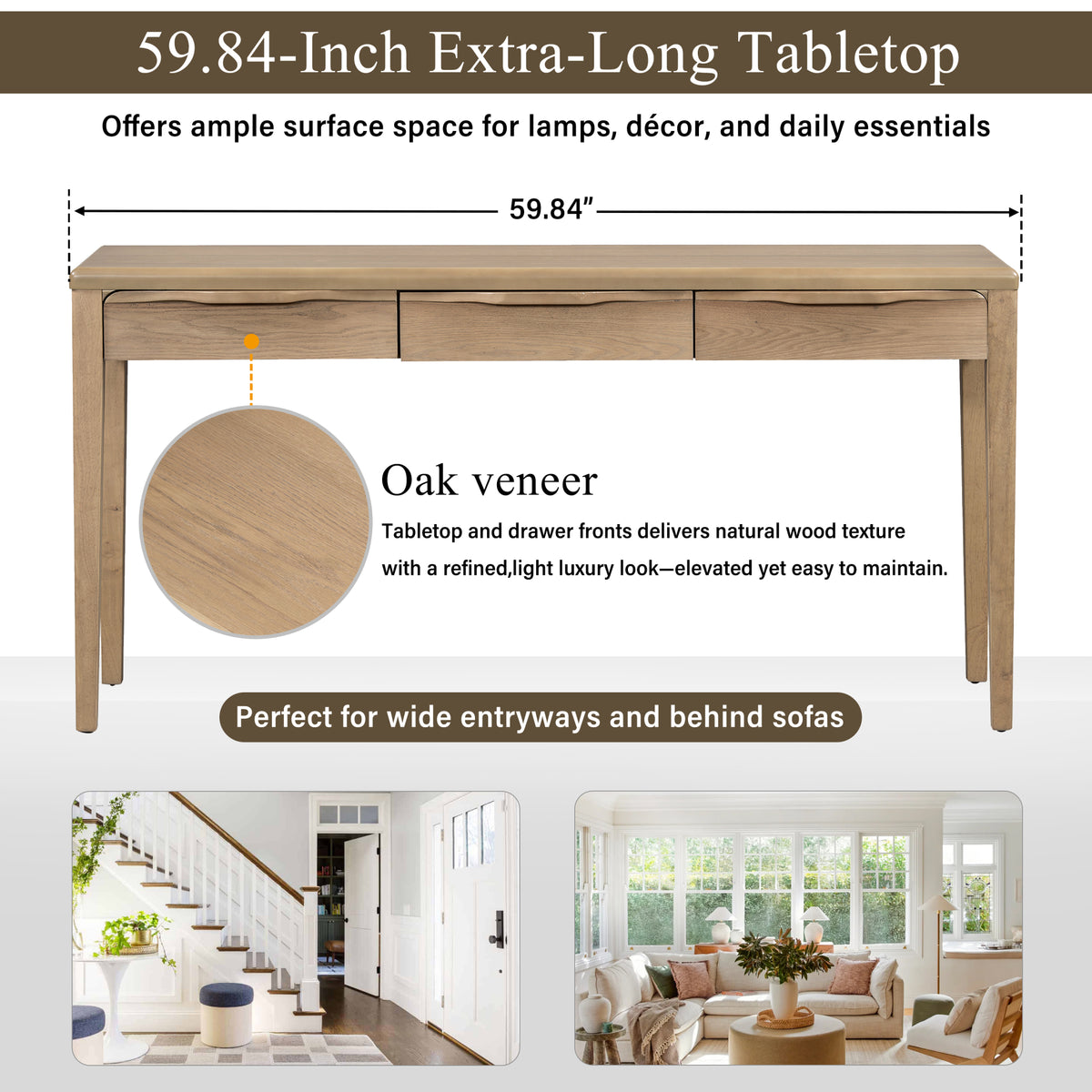 variant-group:rf-n711p401926n|Roomfitters Light Luxury Natural Oak Veneer Console Table with 3 Wavy Curved Drawers and Soft Rounded Corners