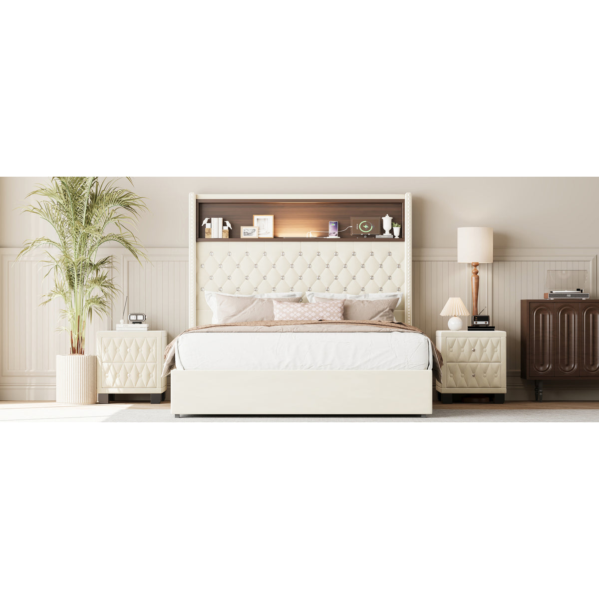 variant-group:rf-n733p368653a|Roomfitters Full Velvet Tufted Platform Bed with Charging Ports, Tall Wingback Headboard with Rivet Trim and Shelf, Beige