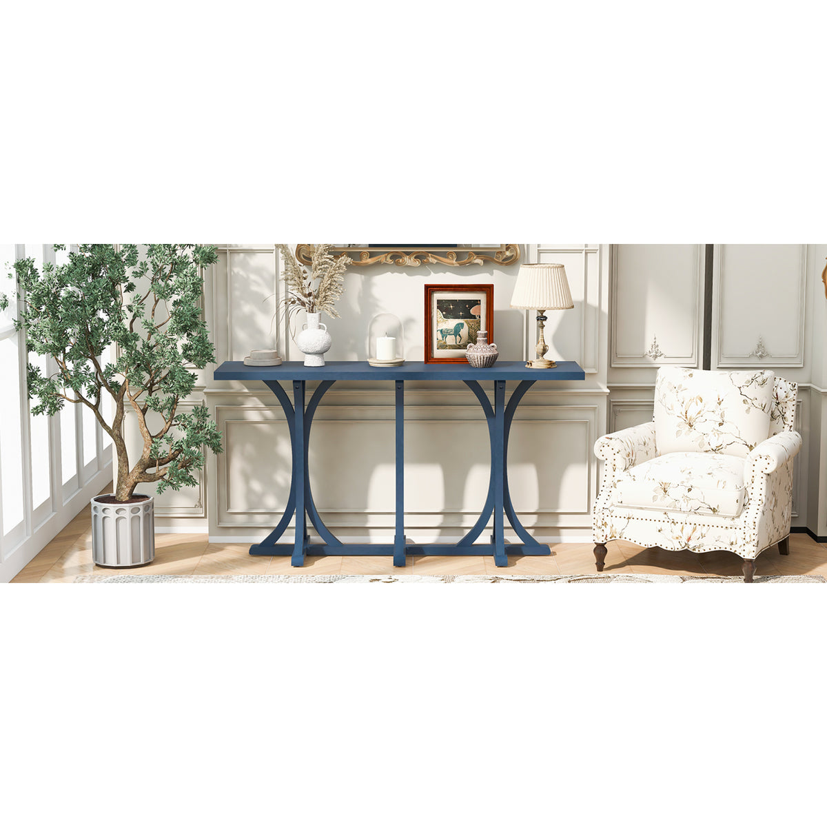 variant-group:rf-n711p295300v|Roomfitters 59.8" Console Table with Oak Veneer Top, Modern Arched Leg Entryway Sofa Table for Hallway & Living Room, Navy Blue