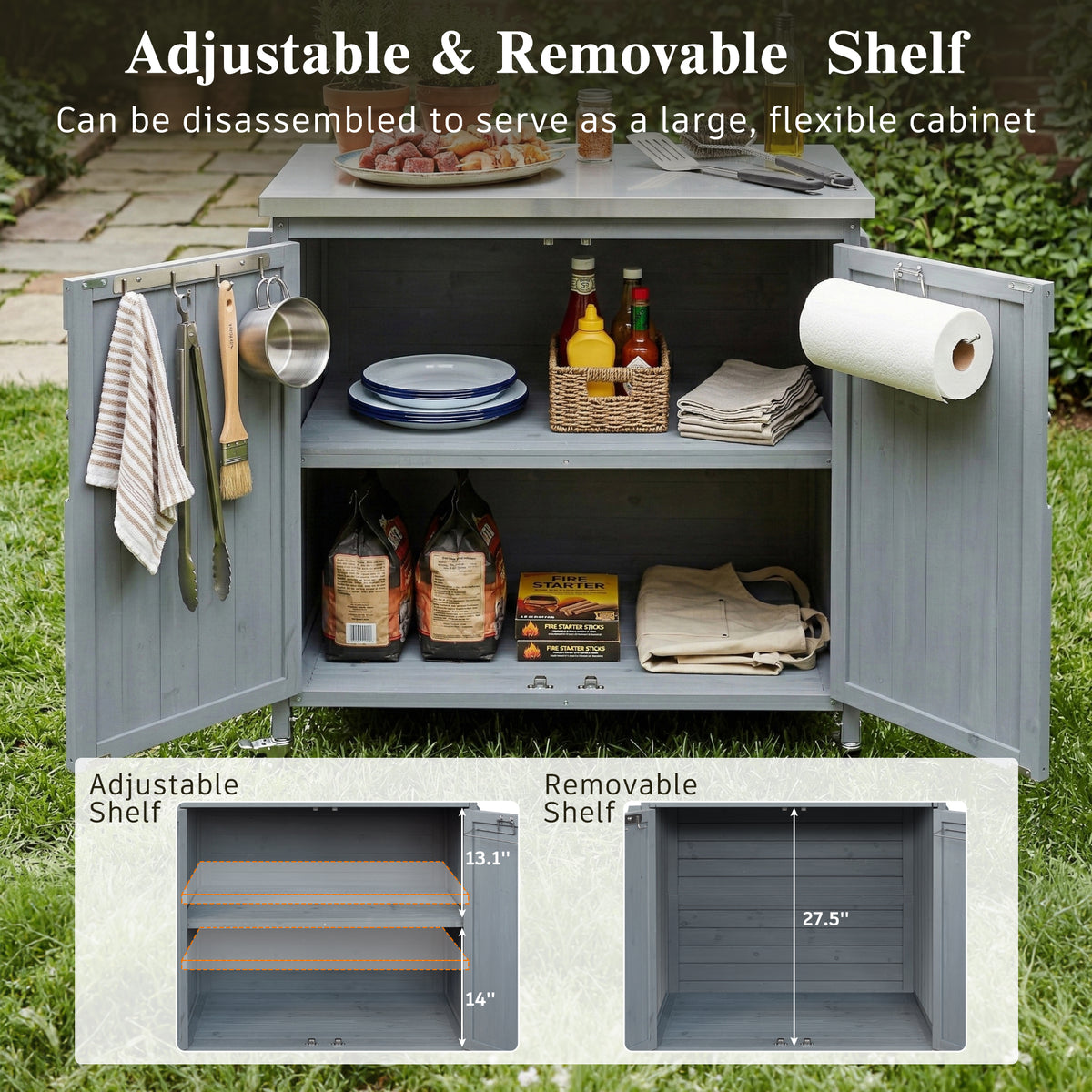 variant-group:rf-n707p370287g|Roomfitters 42.1" Grill Cart, Outdoor Kitchen Island with Stainless Steel Top, BBQ Prep Station with Spice Rack, Grey+Blue