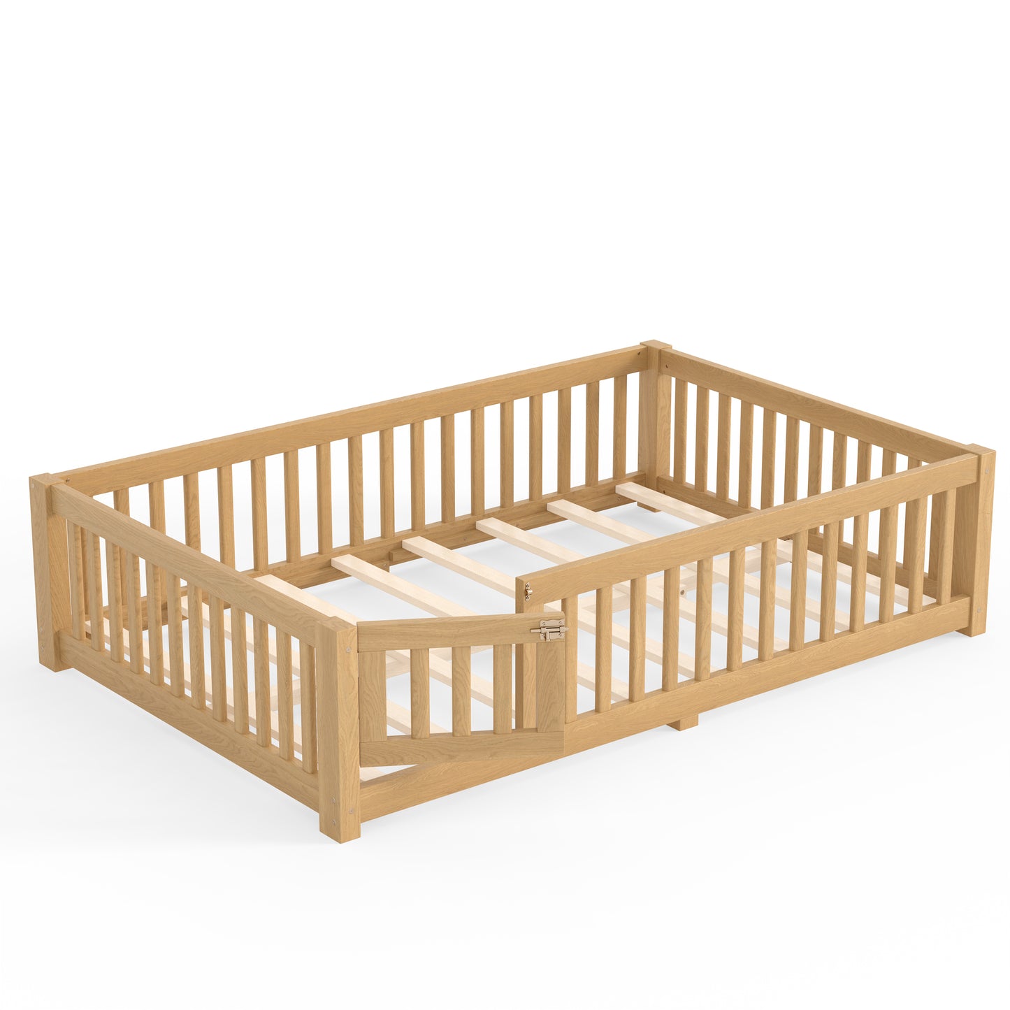 variant-group:rf-w1580p462323|Roomfitters Full Size Wooden Floor Bed Frame with Safety Guardrails Door, Solid Wood Low Profile Toddler Play Bed, Natural