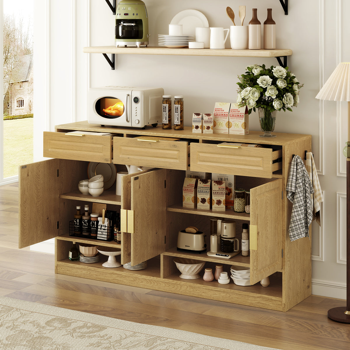 variant-group:rf-n711p345213o|Roomfitters 59.1" Farmhouse Sideboard Buffet Cabinet with 3 Drawers and 4 Doors, Kitchen Storage with Open Shelf, Natural