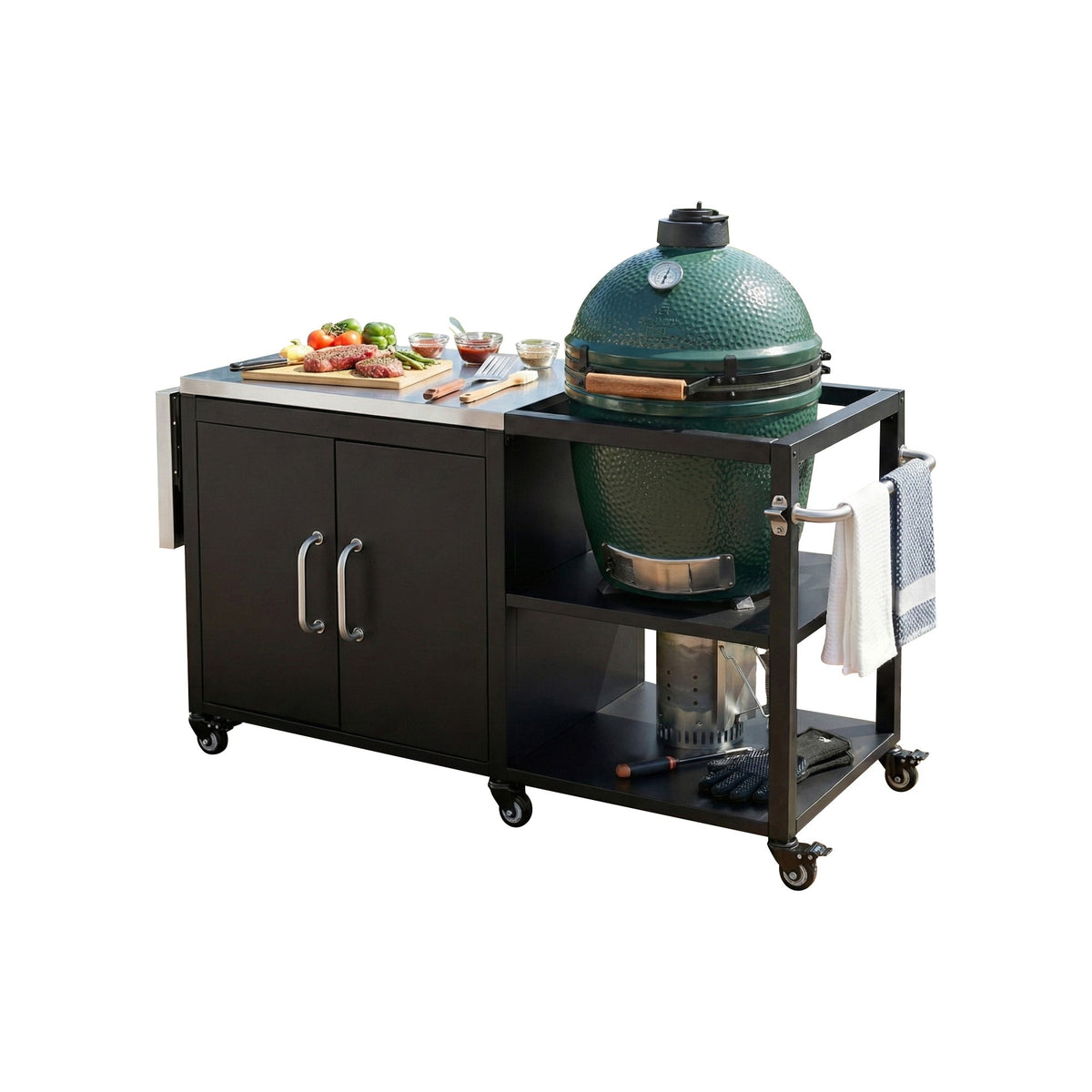 Roomfitters 76.6" Grill Cart with Stainless Steel Top and Kamado Nest, Folding Drop Leaf Prep Station, Mobile Cabinet, Black