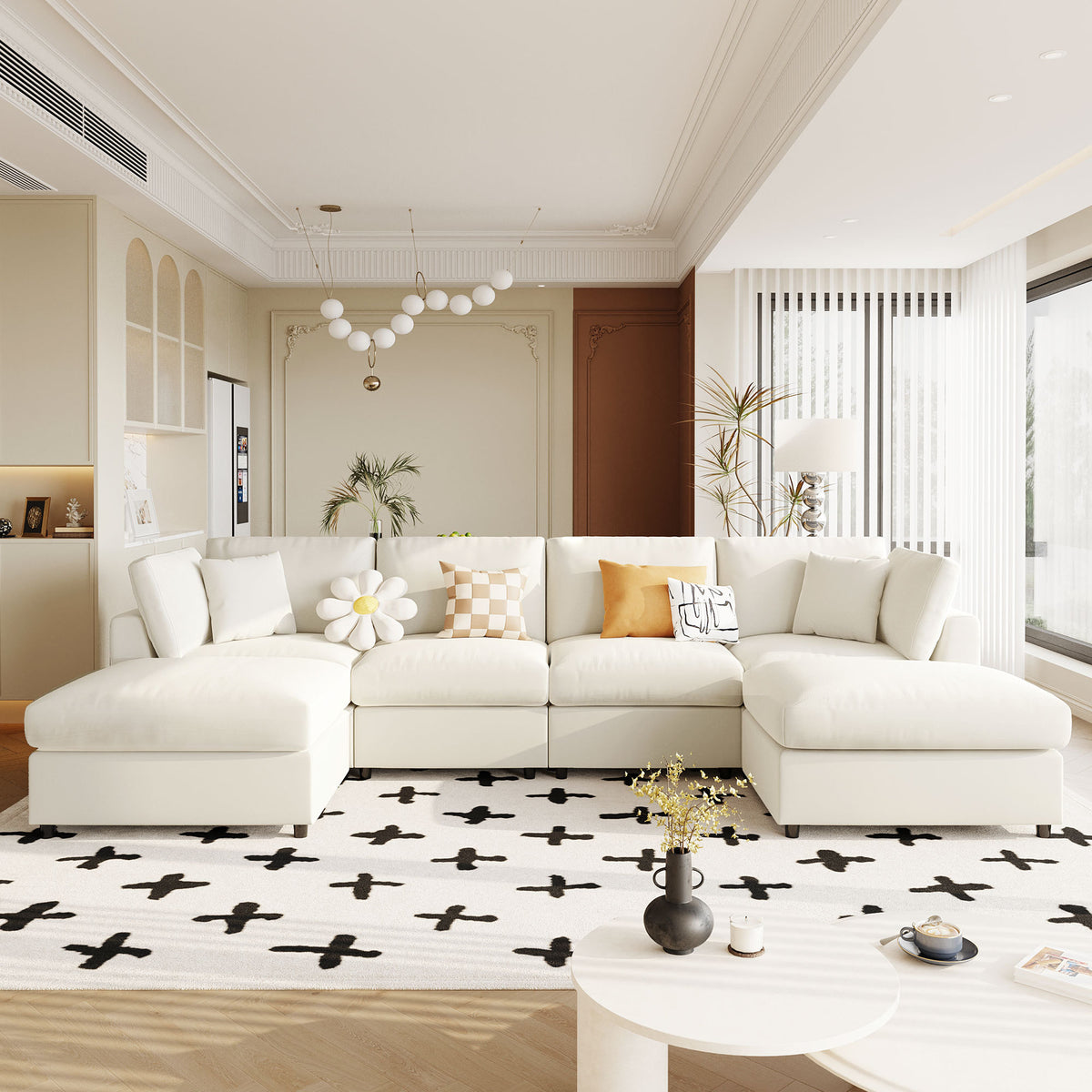 variant-group:rf-n711wy000474aaa|Roomfitters 128.2-Inch Customizable U-Shaped Sectional Sofa, 6-Seater Chenille Couch, 2 Movable Ottomans, Pit Lounge, Beige