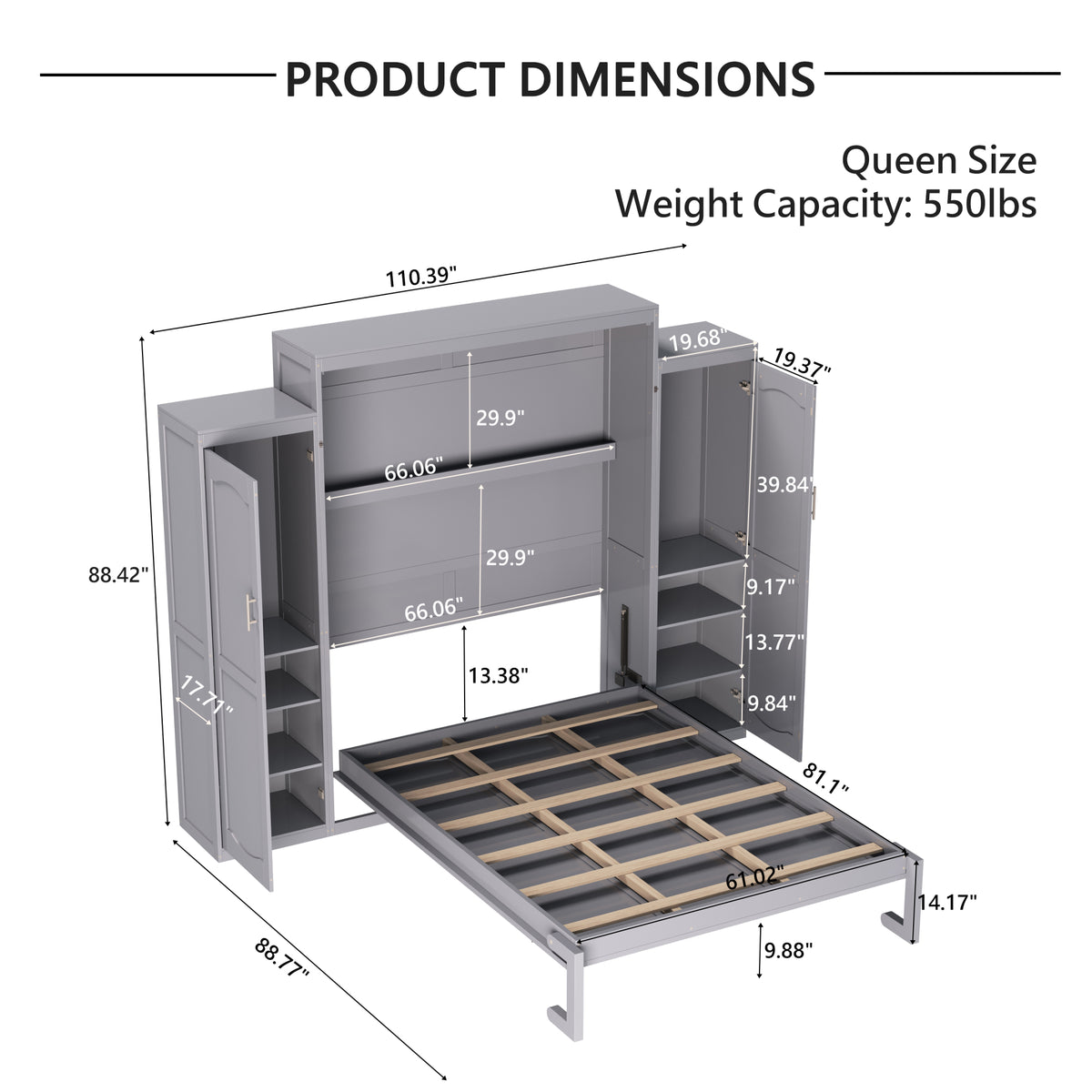 variant-group:rf-n733s235627e|Roomfitters Queen Murphy Wall Bed with Two Wardrobes and Storage Shelf, Foldable Platform Bed Frame for Guest Room, Gray