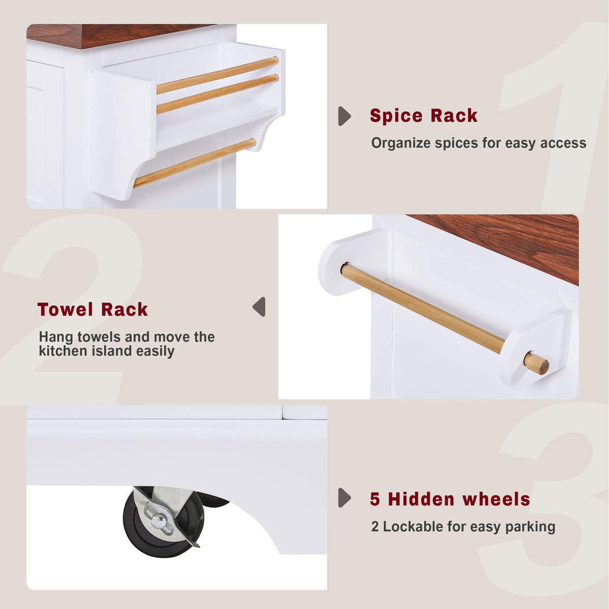 variant-group:rf-n707s000025w|Roomfitters 53" Kitchen Island with Butcher Block Top, Storage Cabinet with Drawers, Spice Rack and Towel Holder, White
