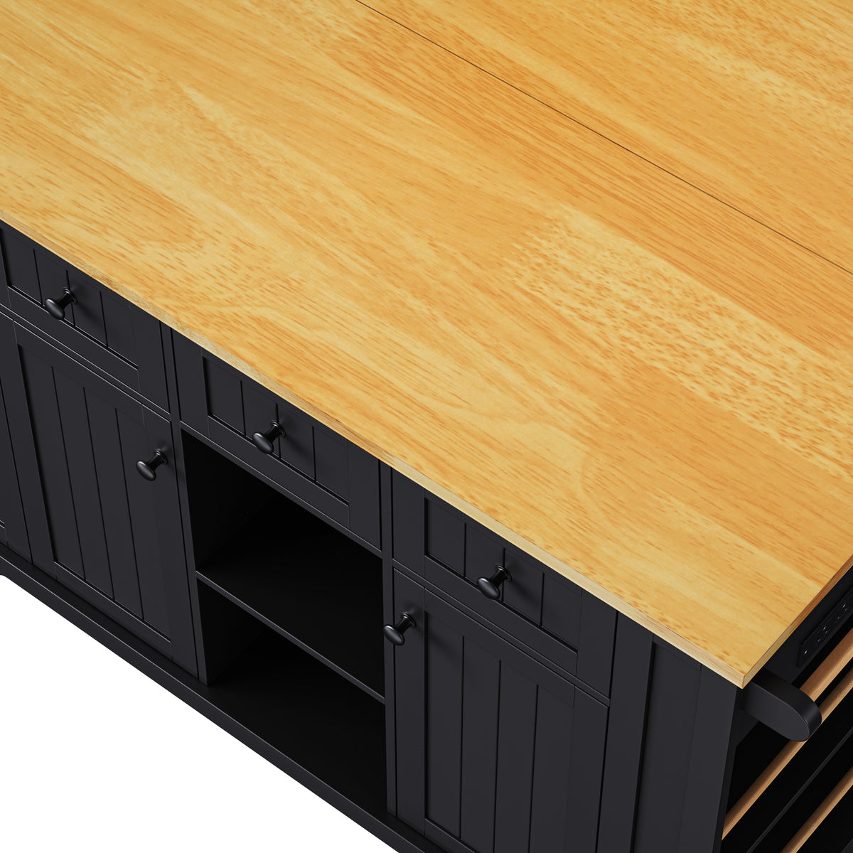 variant-group:rf-n707s003007b|Roomfitters 53" Kitchen Island with 2 Bar Stools, Drop Leaf, Power Outlet, Rolling Kitchen Cart Set with Storage, Black