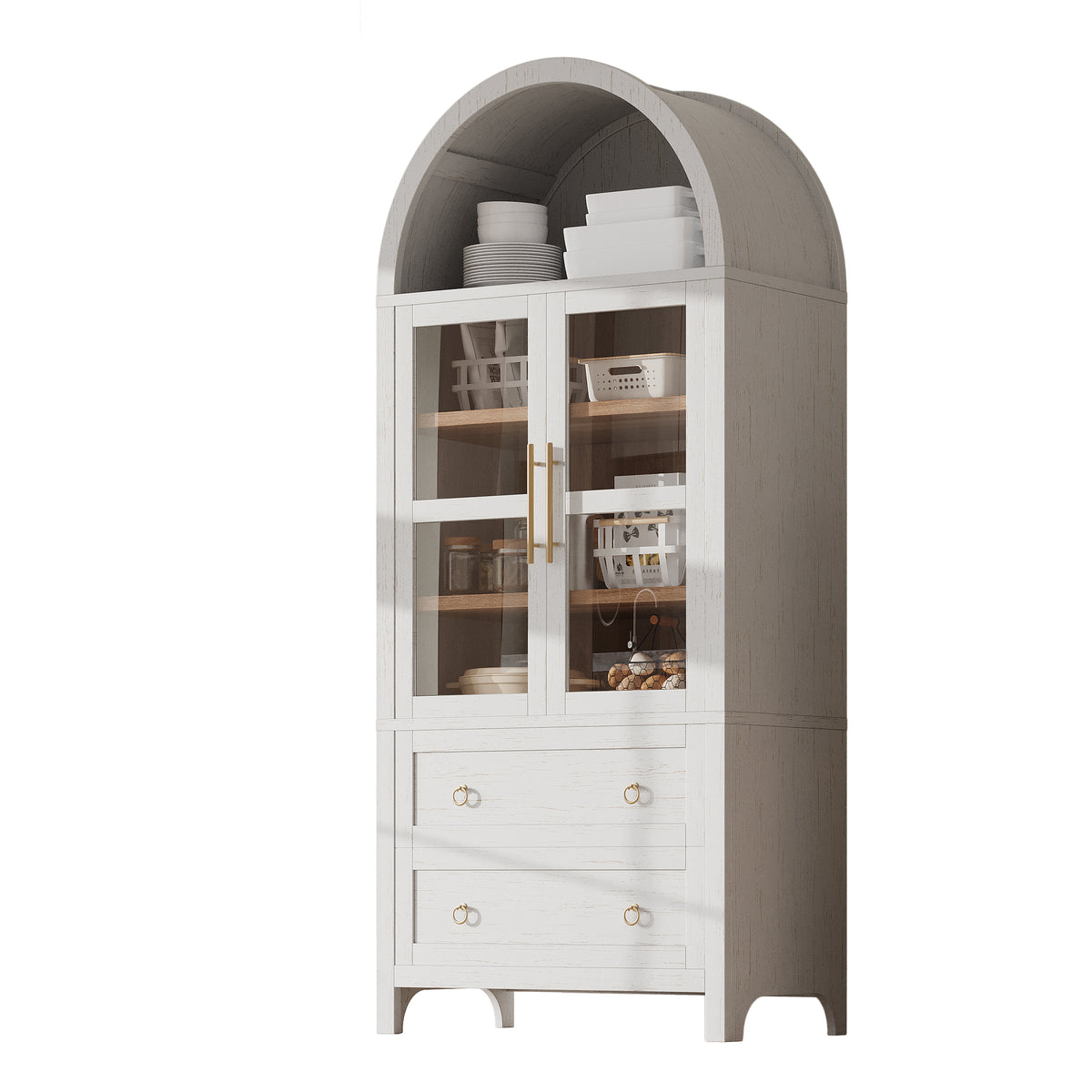 variant-group:rf-n707p288972w|Roomfitters 71" Pantry Cabinet with Arched Top and Glass Doors, 2 Storage Drawers and Adjustable Shelves for Kitchen, White