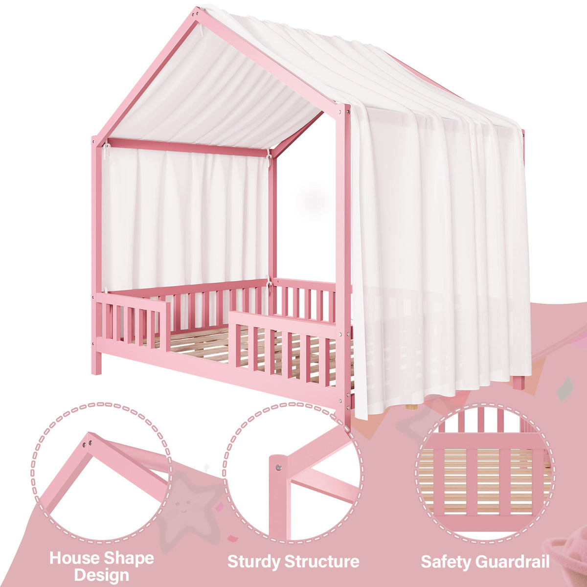 variant-group:rf-n733p356048h|Roomfitters Full Montessori Floor Bed with Canopy, House Shape Wood Frame with Safety Rails, Platform Bed, Pink