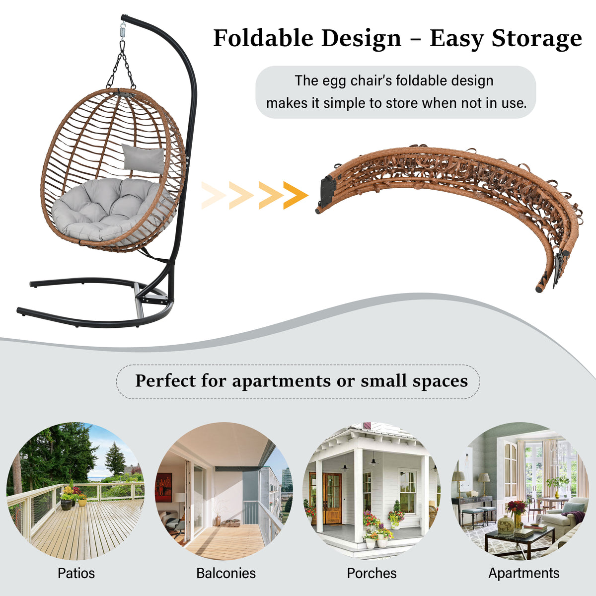 variant-group:rf-n711p389503g|Roomfitters Single Person Folding Egg Chair with Stand, UV Resistant Wicker Rattan Swing for Patio, Garden, Brown+Gray