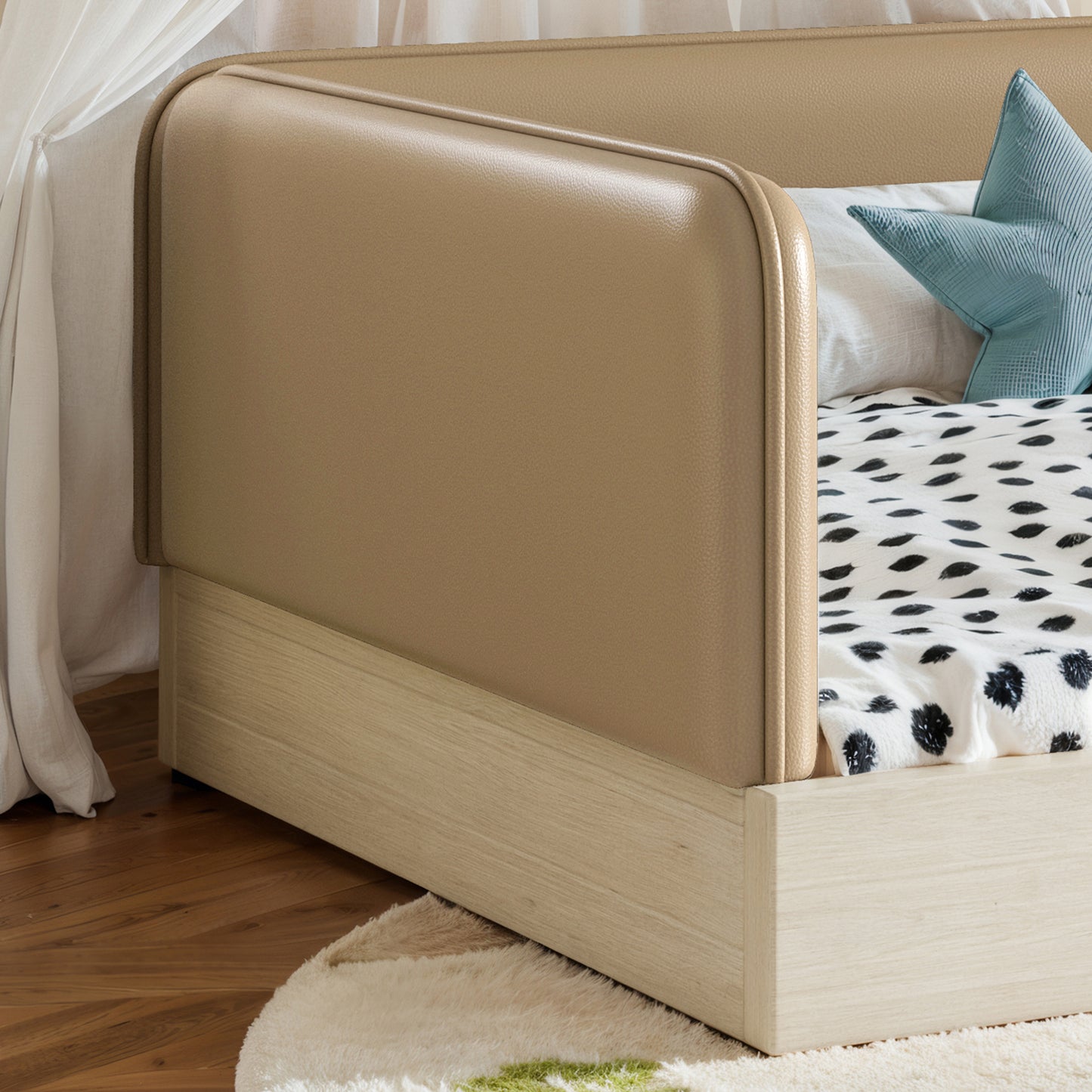 variant-group:rf-w1580p493126|Roomfitters Twin Size Upholstered Floor Bed Frame with Removable Guardrails, Faux Leather Low Profile Platform, Brown