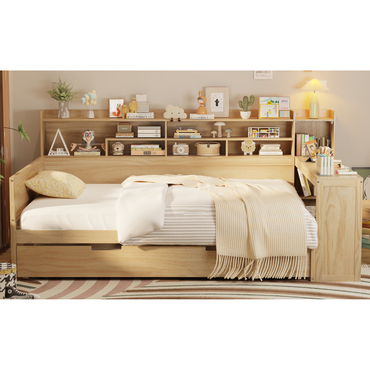 variant-group:rf-n733s373391m|Roomfitters Full Daybed with Twin Trundle, Storage Shelves and Desk, Wooden Multi-Functional Bed, Natural