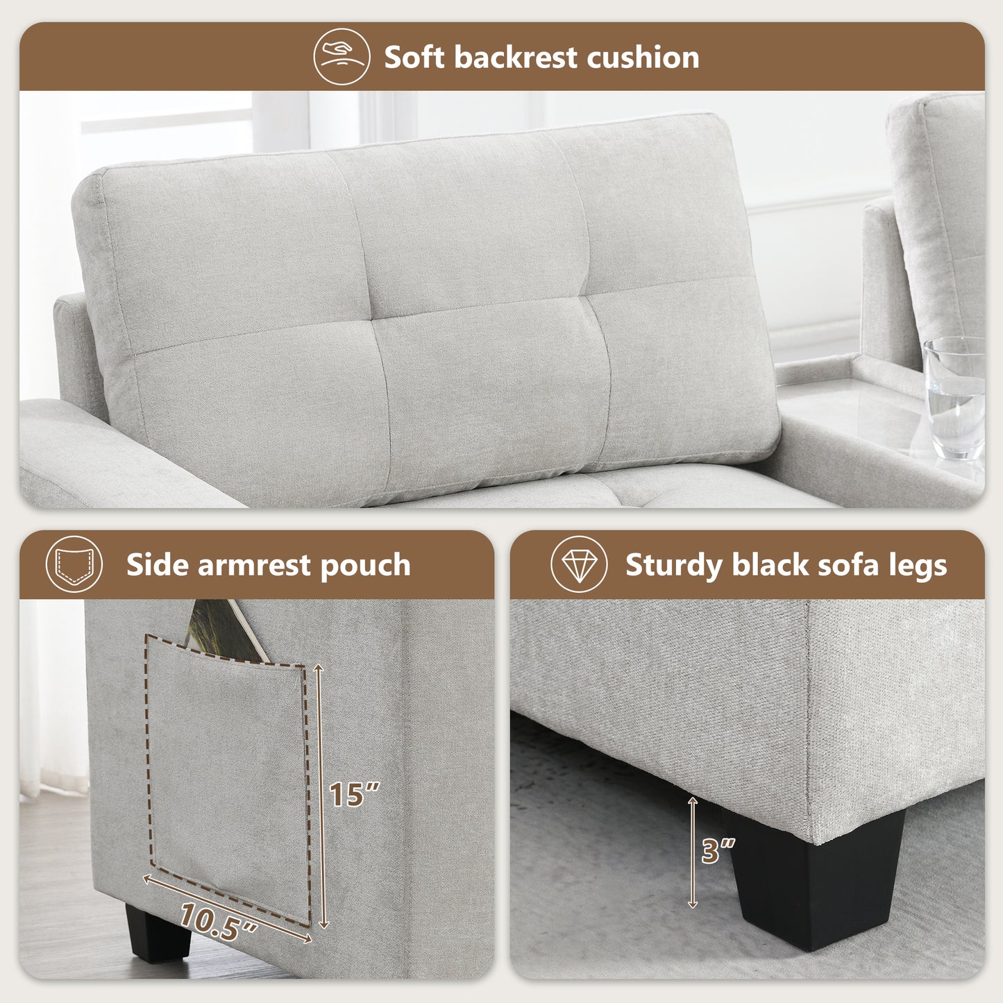 variant-group:rf-n723s1191k|Roomfitters 104 Inch Modular Sectional Sofa with Console and Cup Holders, Upholstered L-Shape Couch for Home Decor, Light Gray