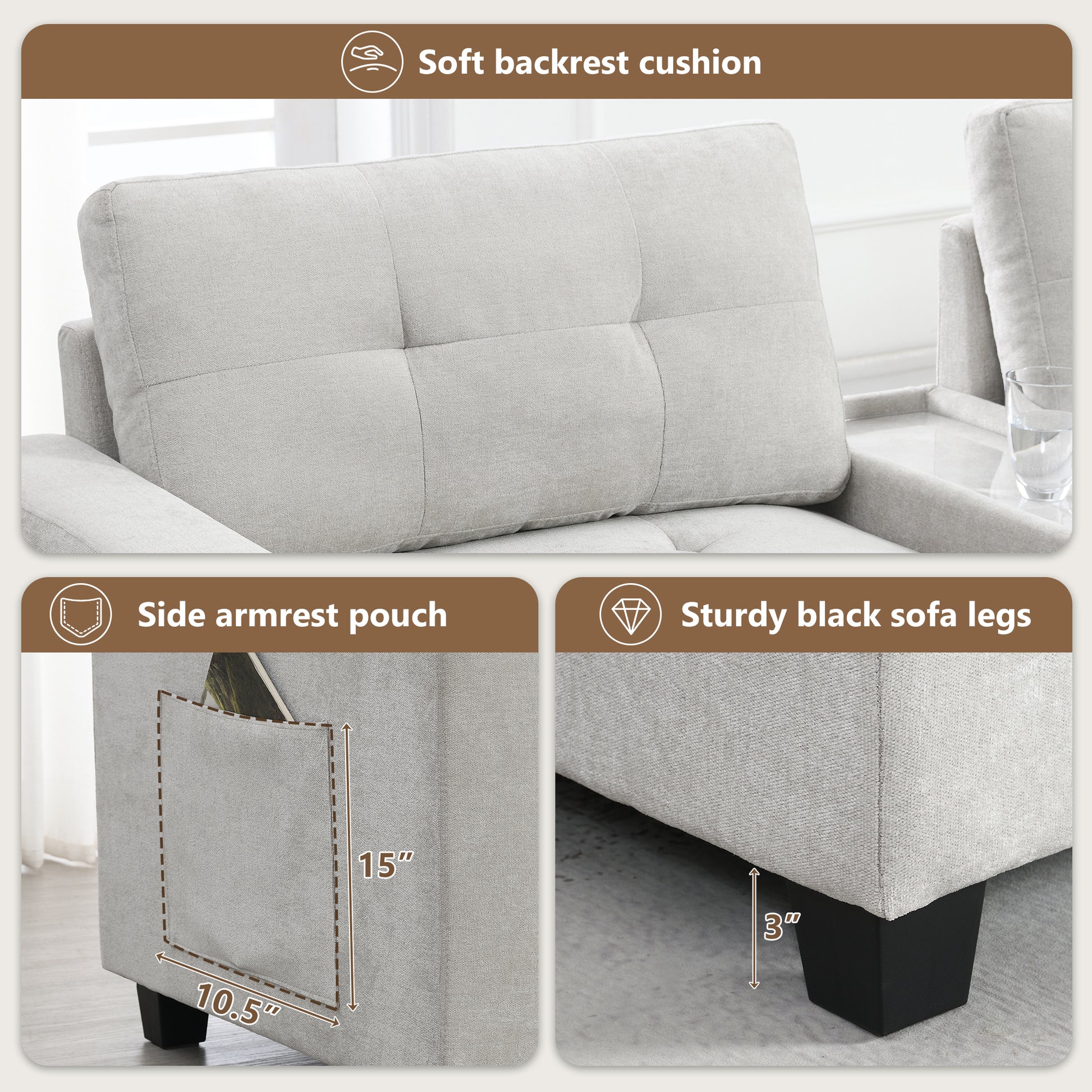 variant-group:rf-n723s1191k|Roomfitters 104 Inch Modular Sectional Sofa with Console and Cup Holders, Upholstered L-Shape Couch for Home Decor, Light Gray