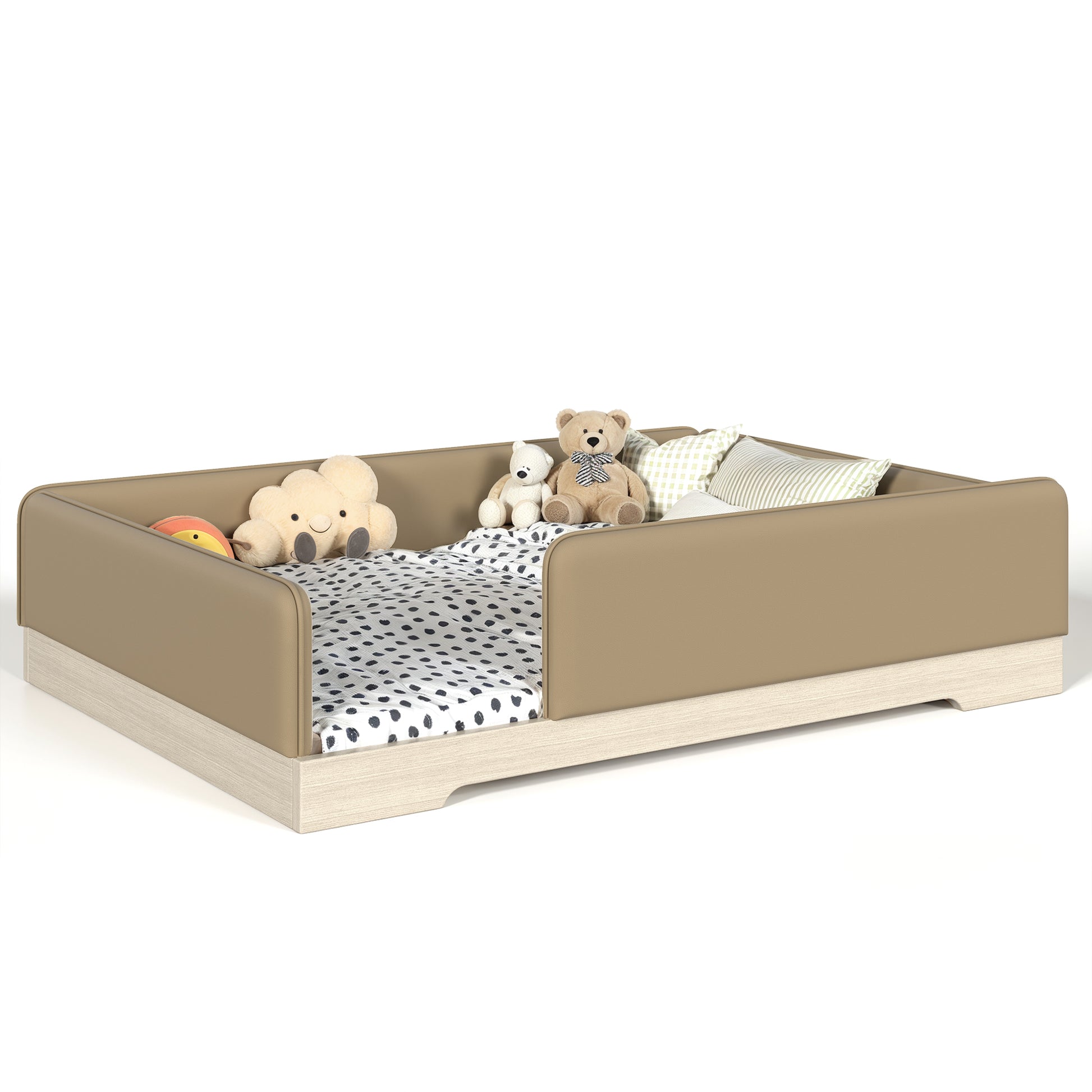 variant-group:rf-w1580s00672|Roomfitters Queen Size Upholstered Floor Bed Frame with Removable Guardrails, Faux Leather Low Profile Platform, Brown