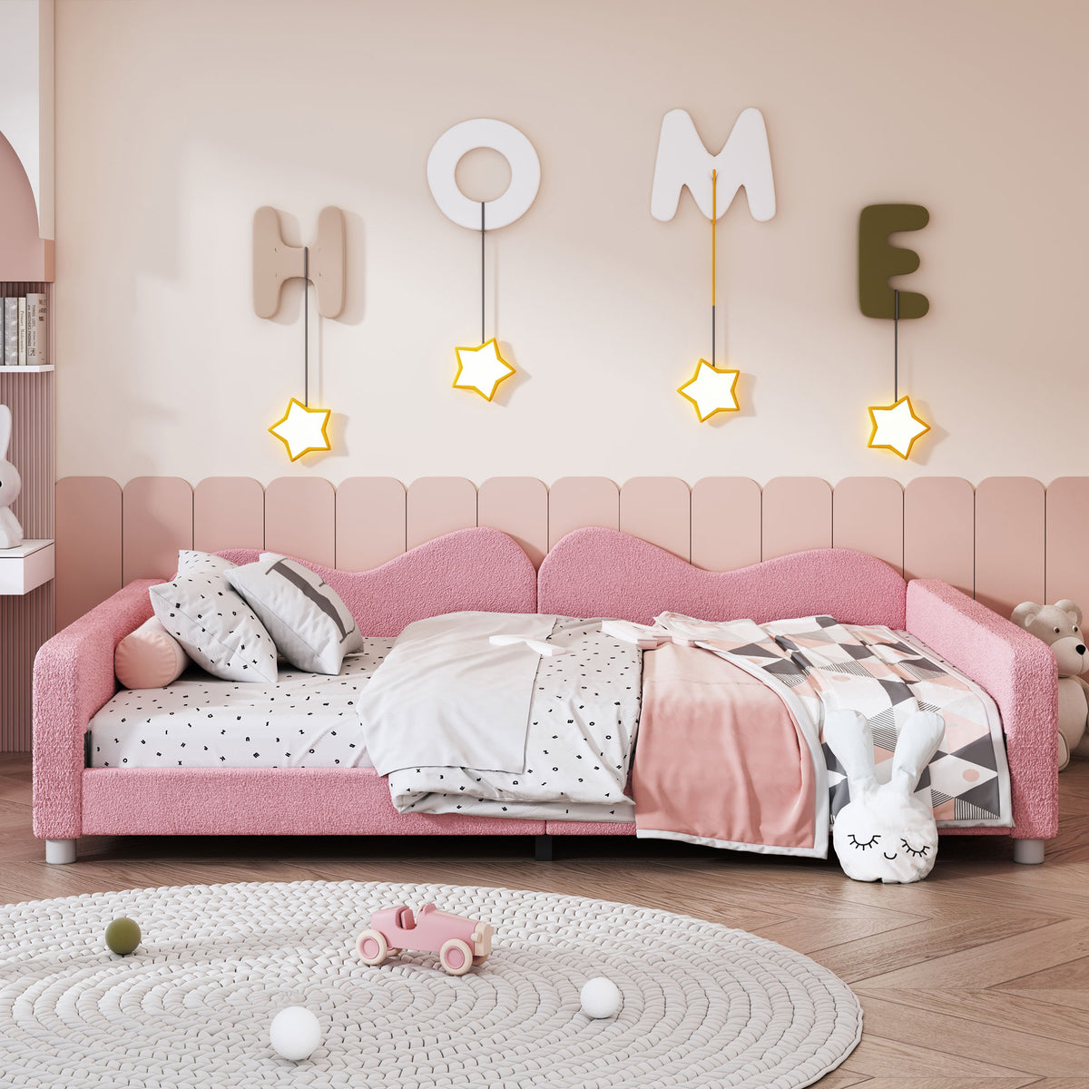 variant-group:rf-n733p234605h|Roomfitters Full Size Upholstered Daybed, Sherpa Fabric Sofa Bed with Cloud-Shaped Backrest, Sturdy and Stylish Design, No Box Spring Needed, Pink