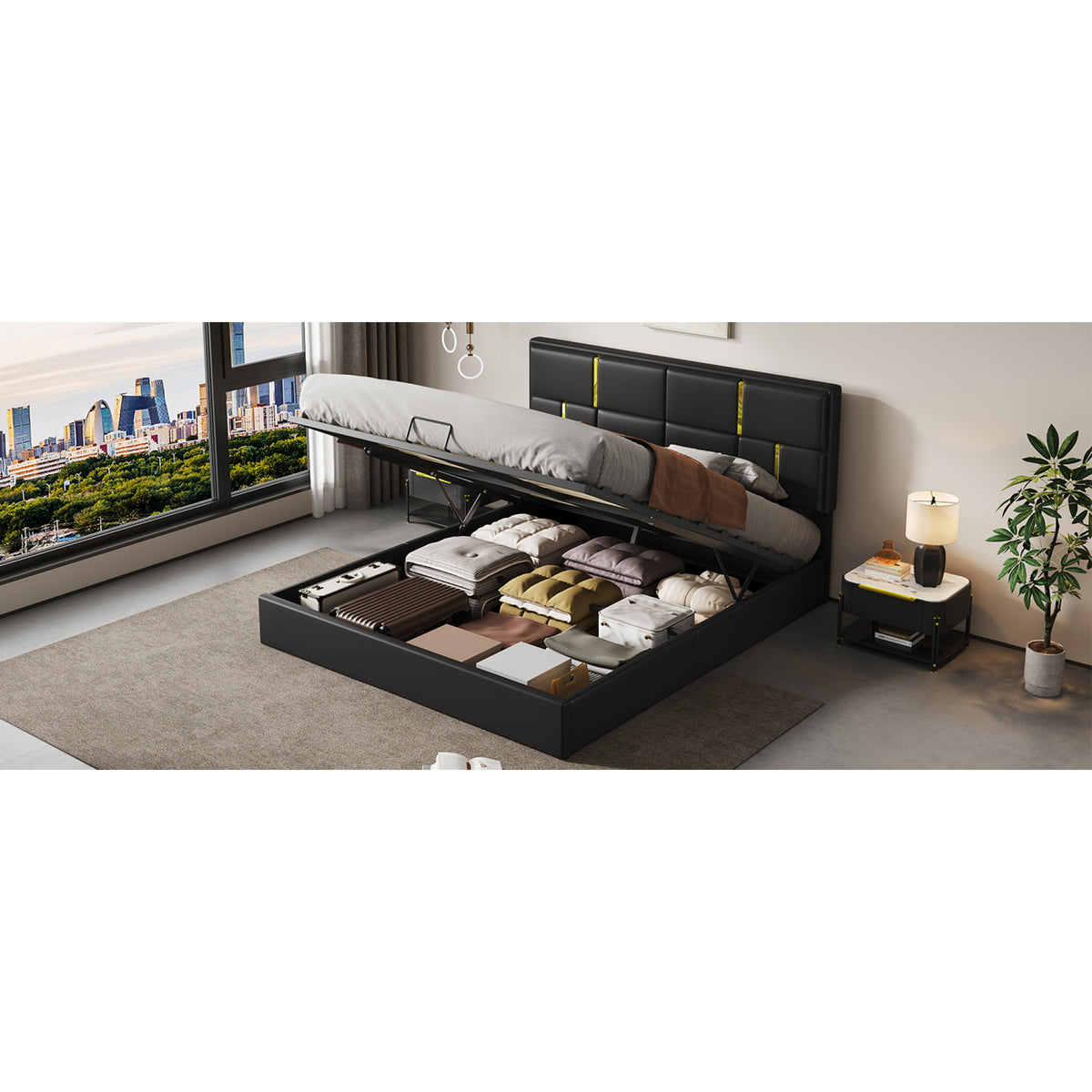 variant-group:rf-n733s362241b|Roomfitters Queen Upholstered Platform Bed with Hydraulic Storage Lift, Modern Bed Frame, No Box Spring Required, Black