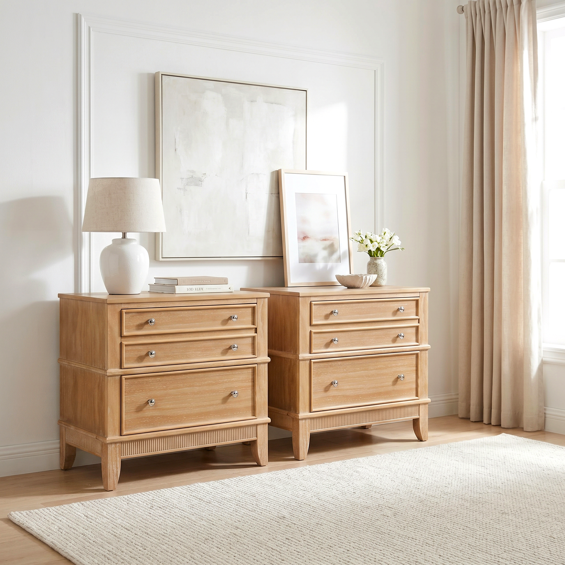 variant-group:rf-n701bs701p183796d|Roomfitters 3 Drawer Farmhouse Wood Nightstand Set of 2, Fully Assembled Bedside Accent Side Table, Felt Lined, Hazel