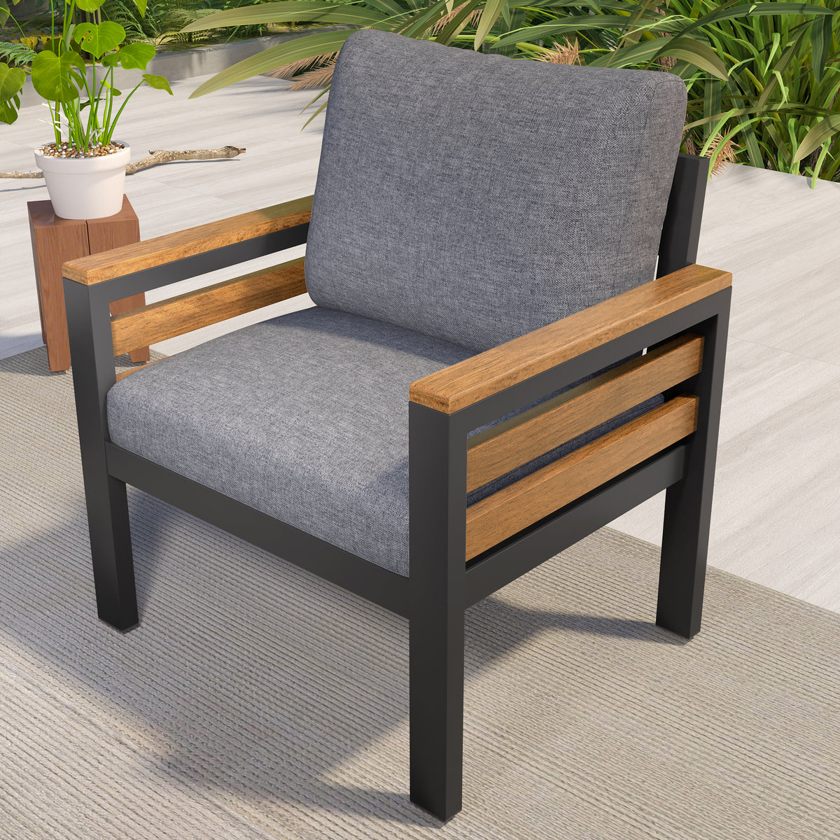 variant-group:rf-n704f201246e|Roomfitters 4-Piece Outdoor Patio Furniture Set with 3-Seater Sofa, 2 Armchairs and Coffee Table, Wood Accents, Grey
