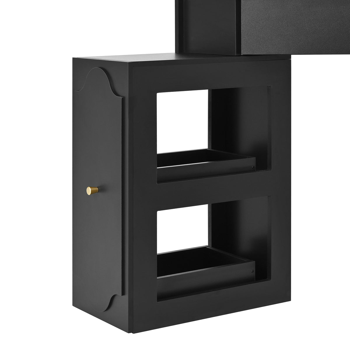 variant-group:rf-n733p336237b|Roomfitters Corner Vanity Desk Set with Stool, Charging Station, Glass Top, Drawer, Shelf, Pull-Out Cabinet, Black