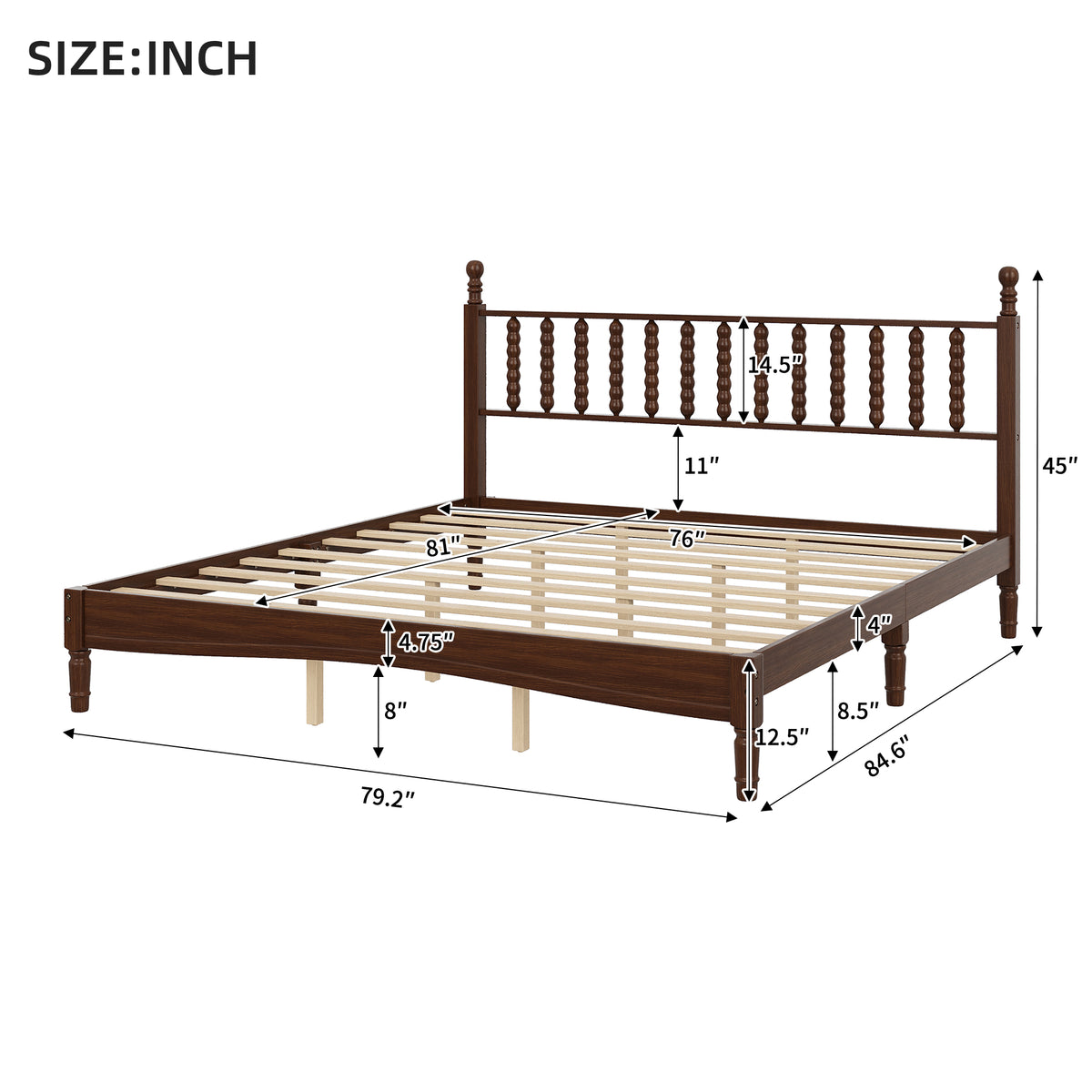 variant-group:rf-n733p338316d|Roomfitters King Wood Platform Bed, Retro Gourd Spindle Headboard with Solid Slat Support, Walnut