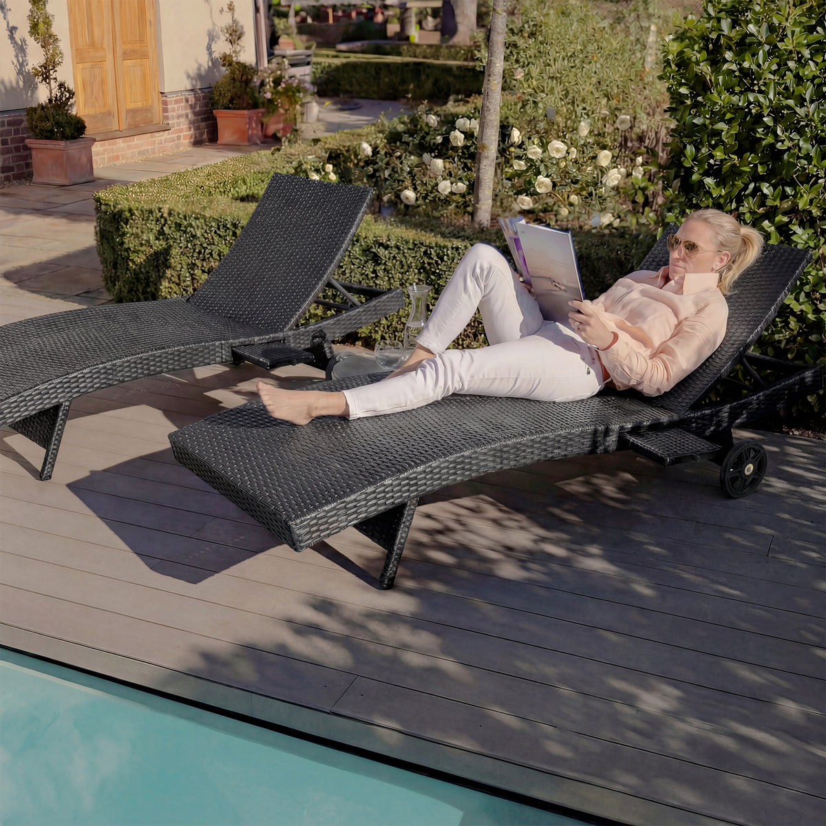 variant-group:rf-n707p395515b|Roomfitters 80"W Patio Chaise Lounge Chairs Set of 2 with Wheels, Folding Table, Adjustable Rattan Loungers, Black