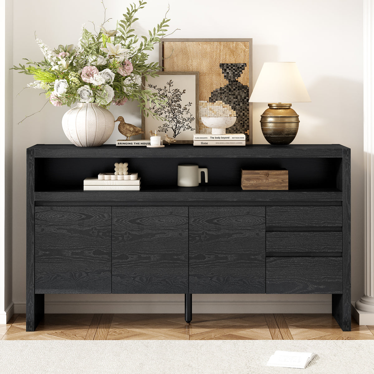 variant-group:rf-n711p289141b|Roomfitters 60" Modern Solid Wood Veneer Sideboard with 3 Doors & 3 Drawers, Open Shelf & Cable Cutout, Large Storage Cabinet for Dining, Hallway, Living Room, Black