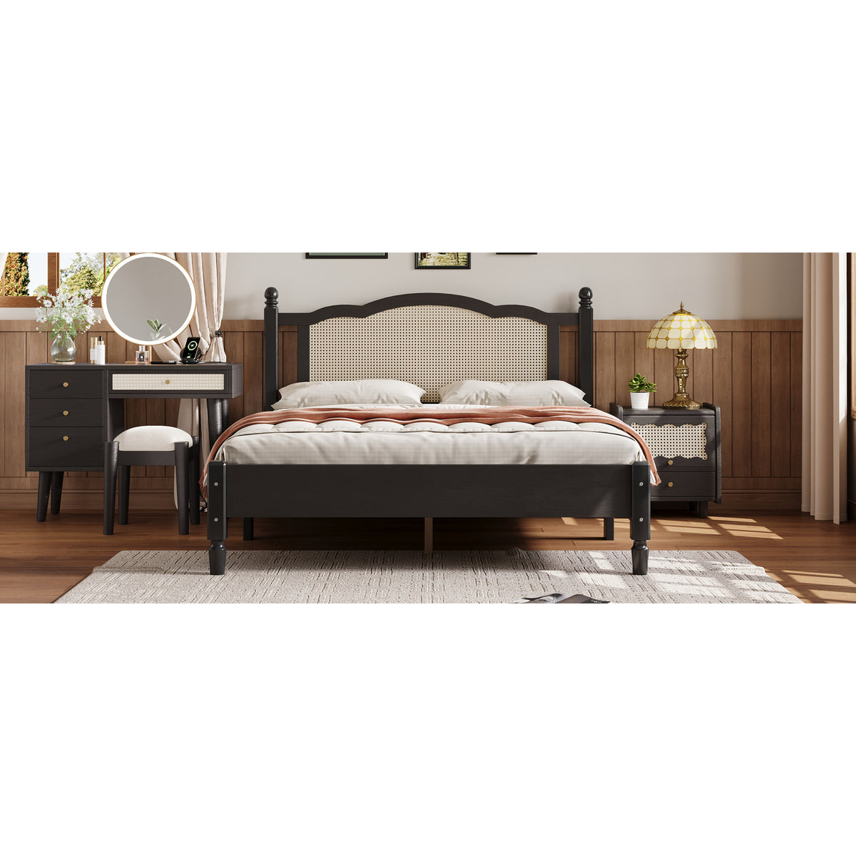 variant-group:rf-n733p180013b|Roomfitters Queen Size Wooden Platform Bed with Natural Rattan Headboard, Vintage-Inspired Bed Frame with Sturdy Wooden Slat Support for Timeless Elegance, Black