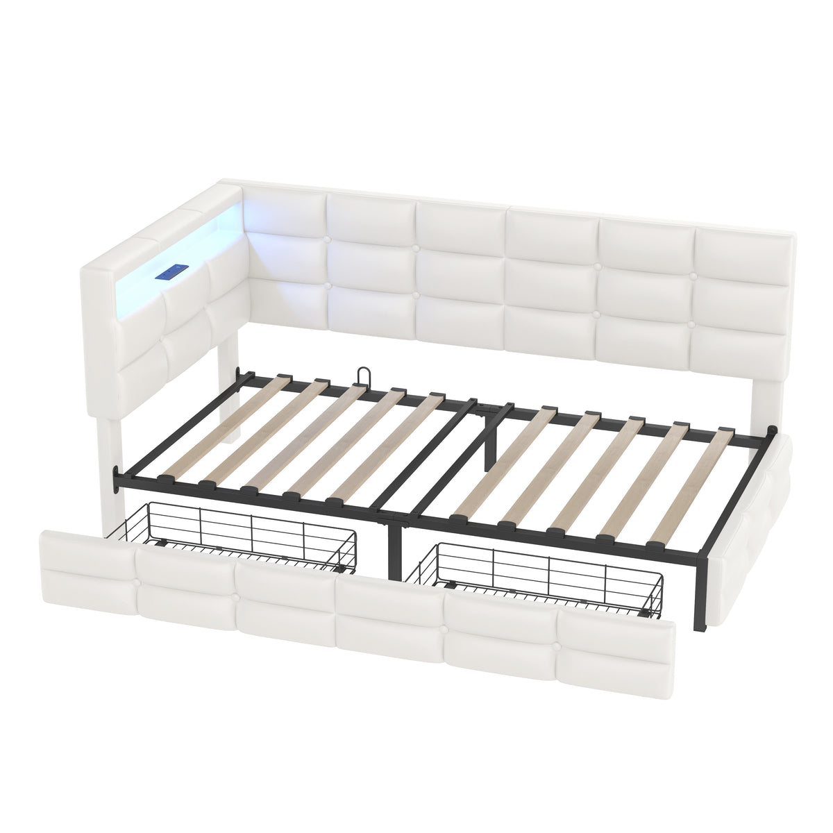 variant-group:rf-n733p285121a|Roomfitters Upholstered Twin Size Daybed with Storage Drawers and Charging Station, Bed Frame with Storage Headboard, No Box Spring Needed, Beige