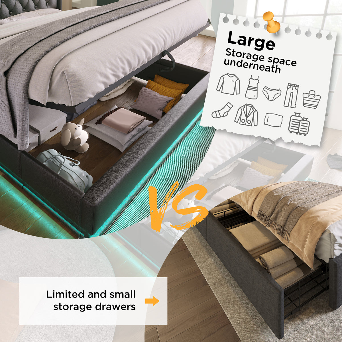 variant-group:rf-n736p188807b|Roomfitters Queen Size Upholstered Storage Bed with USB Type-C Charging and Remote Control, Faux Leather Black